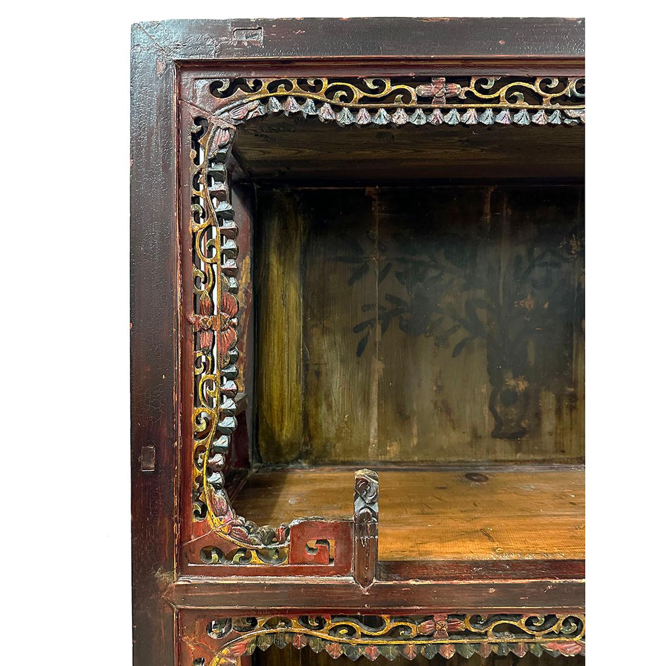 Wood Late 19th Century Antique Chinese Carved Display Cabinet For Sale