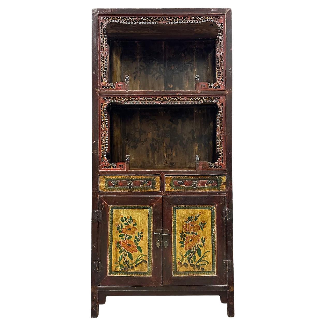 Late 19th Century Antique Chinese Carved Display Cabinet For Sale