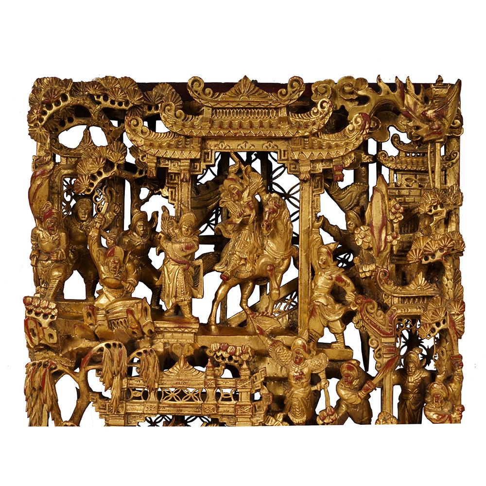 This is a hand carved Chinese antique wooden carved panel. There is a matte golden gilt on this 3 dimensional wooden carving of an ancient Chinese War-field horse riding battle scenery. The carving is very detailed and precise and valuable of being