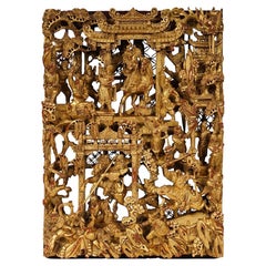 Spätes 19. Jahrhundert Antike Chinesische Gold Vergoldete Kriegsfeld Holzschnitzerei Panel