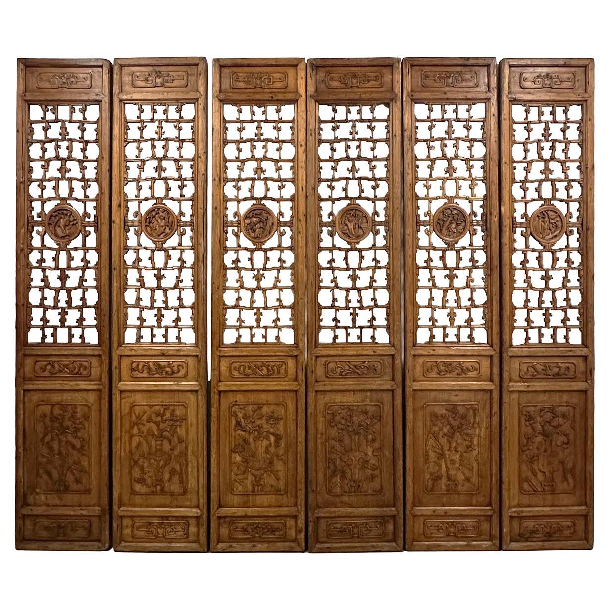 Late 19th Century Antique Chinese Hand Carved 6 Panels Wooden Screen/Room Divide