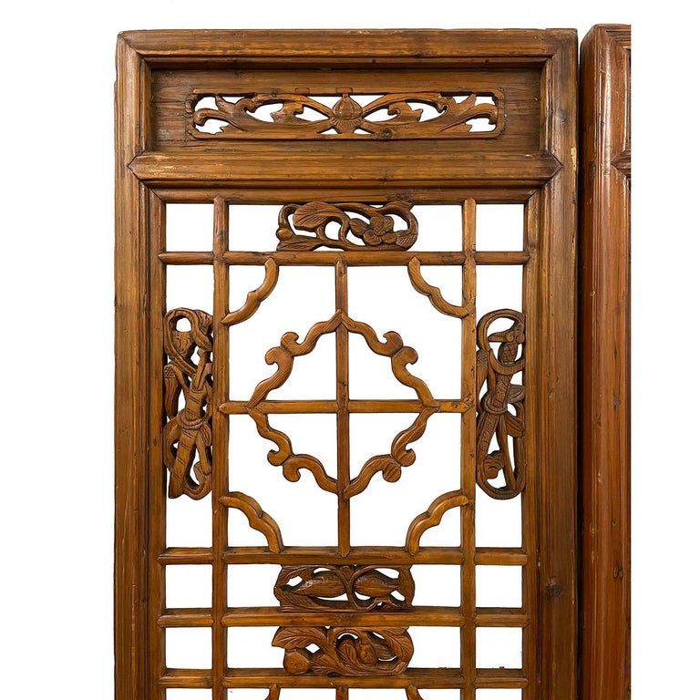 This is a set of 3 pcs Chinese antique open carved wooden panels which used to be the interior divider/door panels in ancient China that are put together to make into a screen. Screens have been known to grace the rooms of wealthy Chinese homes