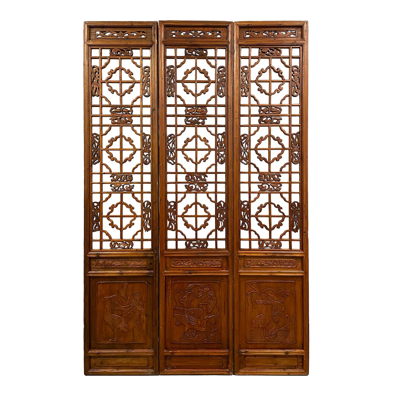 Écran en bois à 3 panneaux de la fin du XIXe siècle, fabriqué à la main, de style chinois ancien/séparation de meubles