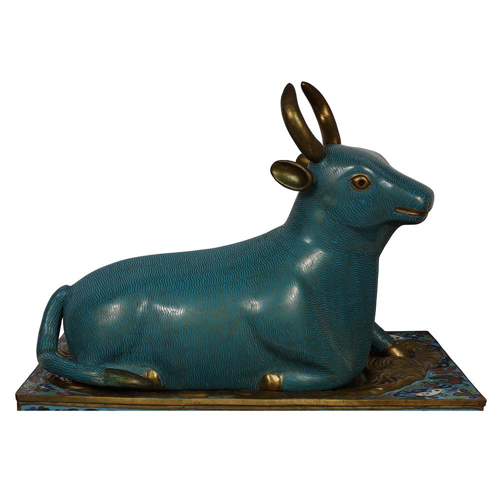 Chinese Export Late 19th Century Antique Chinese Large Royal Gold Plated Cloisonne Bull Statue For Sale