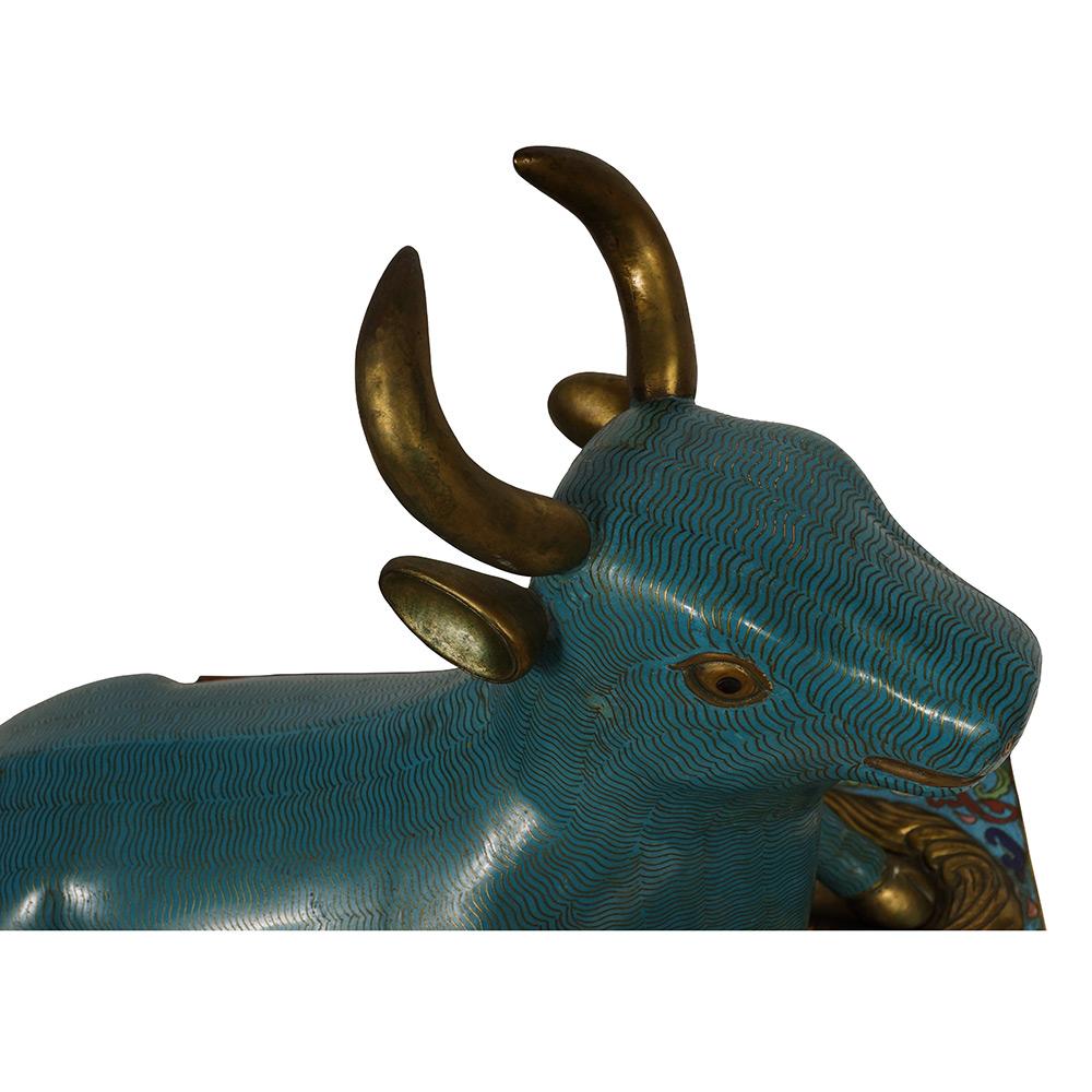 Copper Late 19th Century Antique Chinese Large Royal Gold Plated Cloisonne Bull Statue For Sale