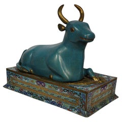Late 19th Century Antique Chinese Large Royal Gold Plated Cloisonne Bull Statue