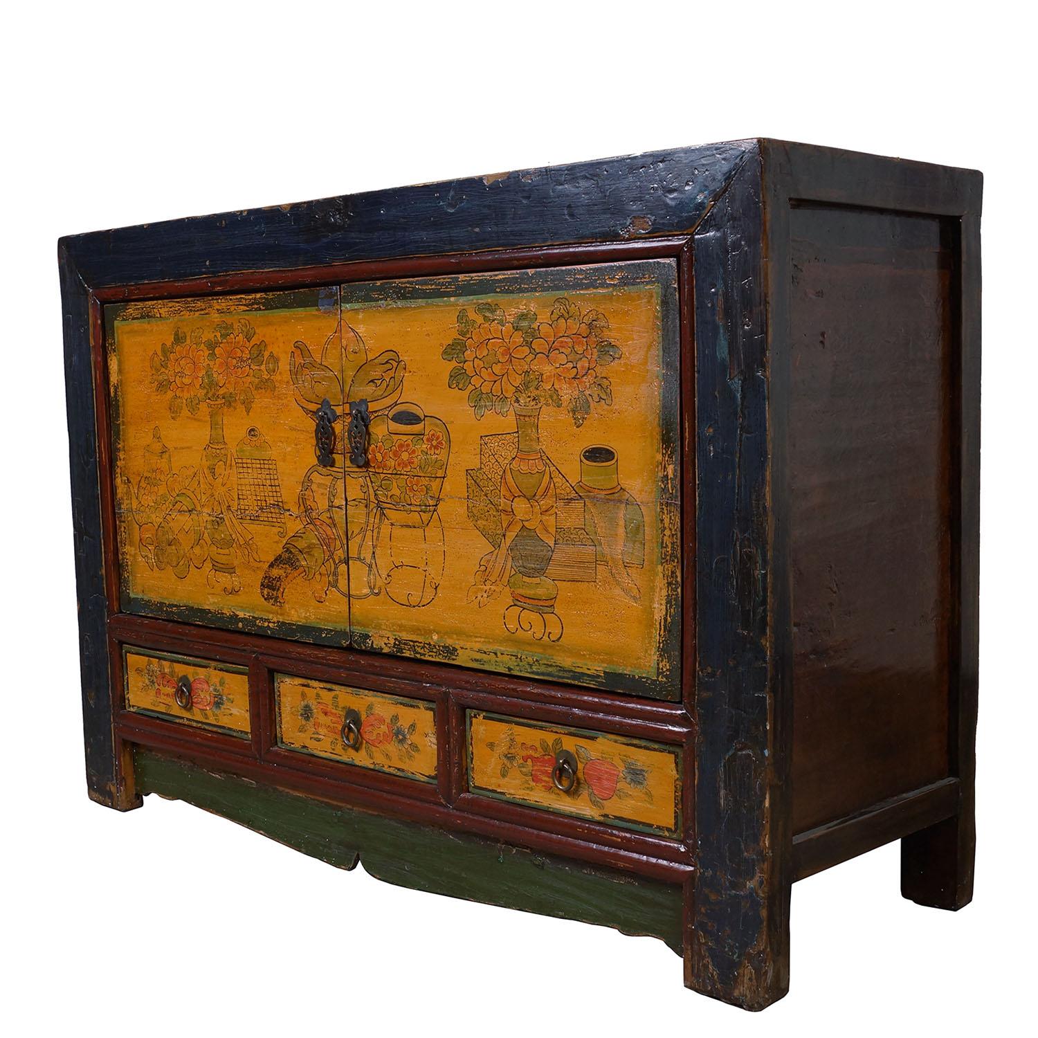 Size: 33in H x 47in W x 16.5in D
Drawer: 3in H x 10.5in W x 10.5in D
Door opening: 17.5in H x 39in W
Origin: Mongolia, China
Circa: 1850 - 1900
Material: Wood
Condition: Original finished, solid wood construction, hand carved, antique