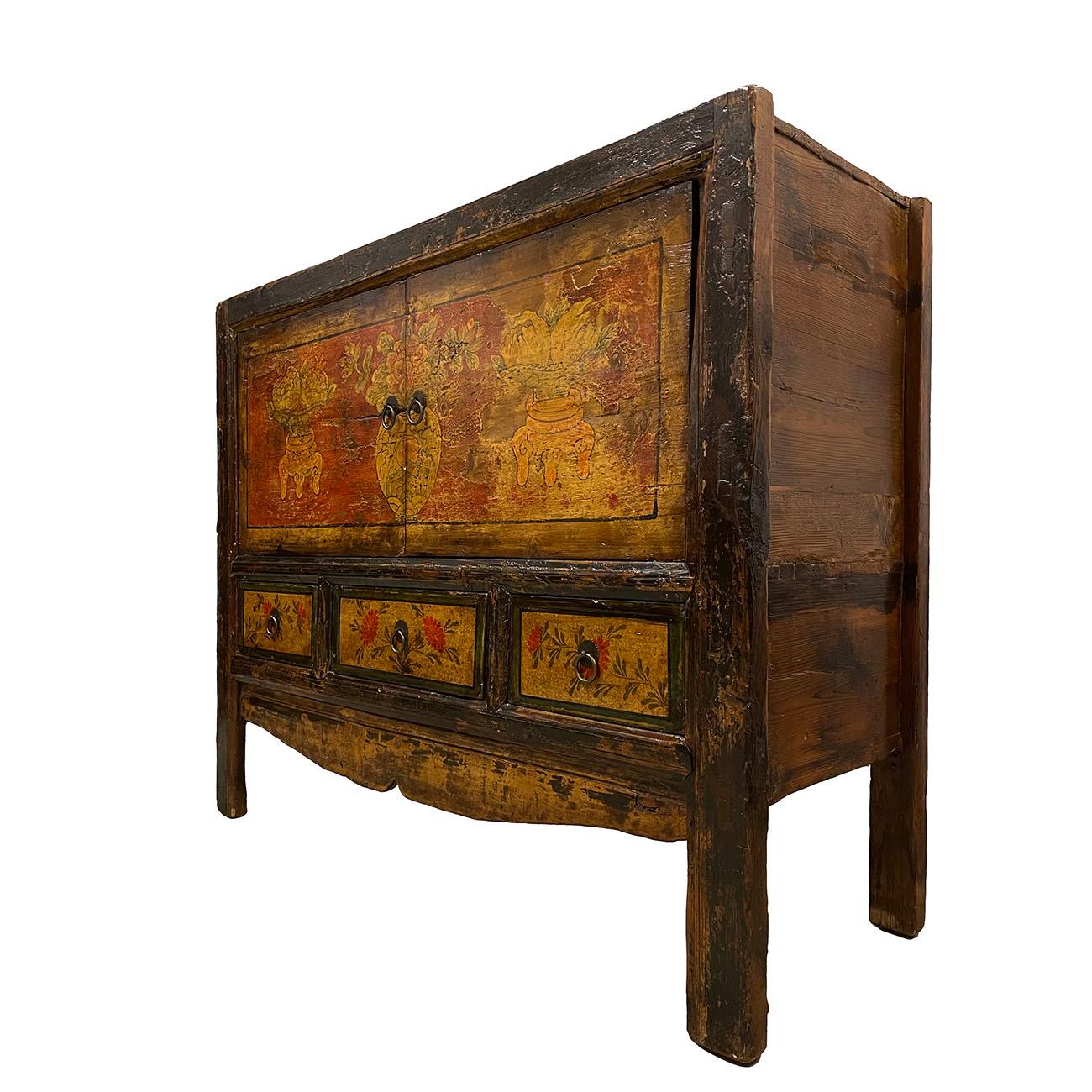 Size: 35.5in H x 43.5in W x 16in D
Drawer: side: 4in H x 9in W x 11in D
             center: 4in H x 13in W x 11in D
Door opening: 15in H x 33in W
Origin: Mongolia, China
Circa: 1850 - 1900
Material: Wood
Condition: Original finished, solid wood