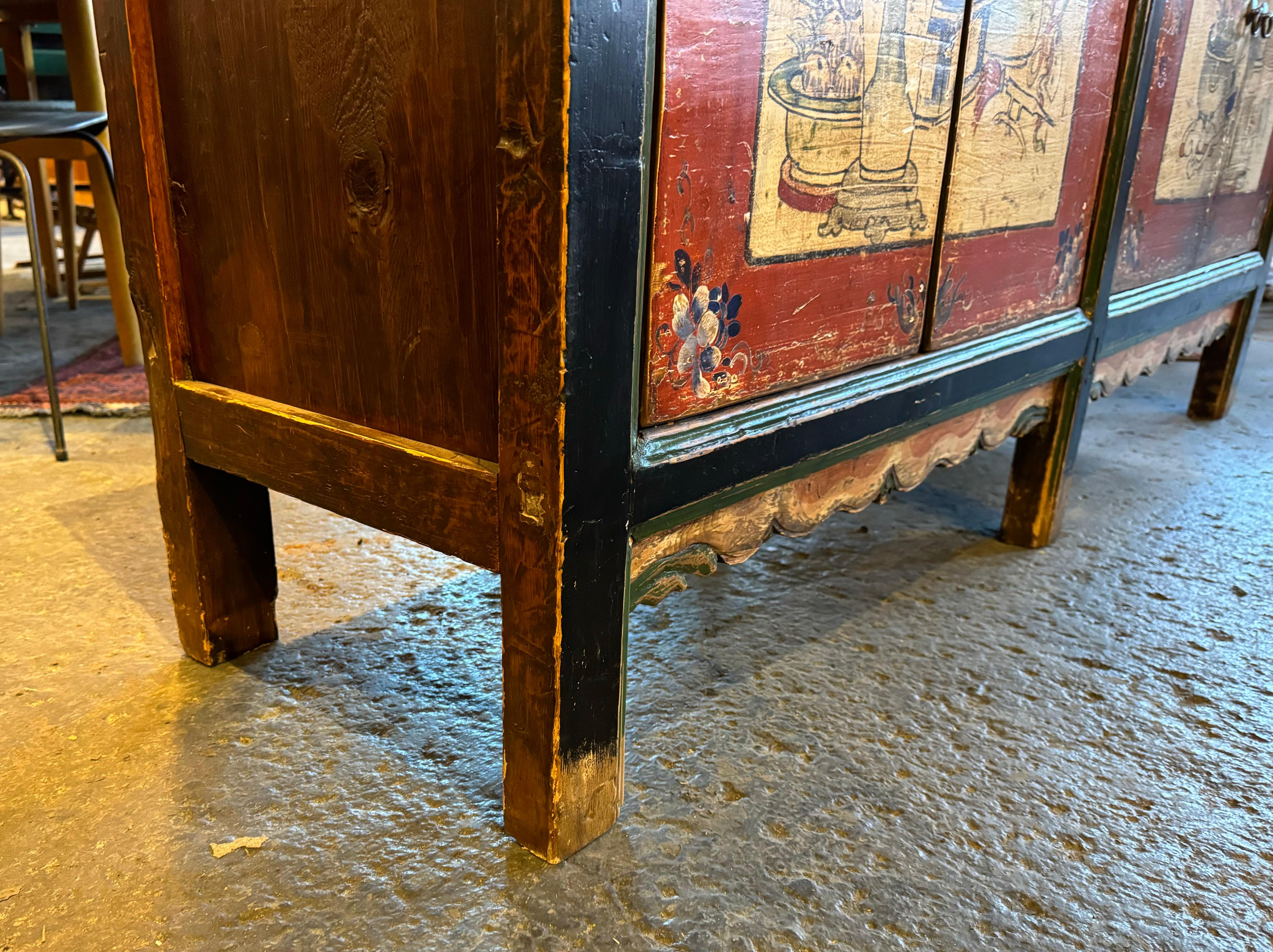 Hand-Painted Late 19th Century Antique Chinese Mongolia Cabinet Credenza For Sale