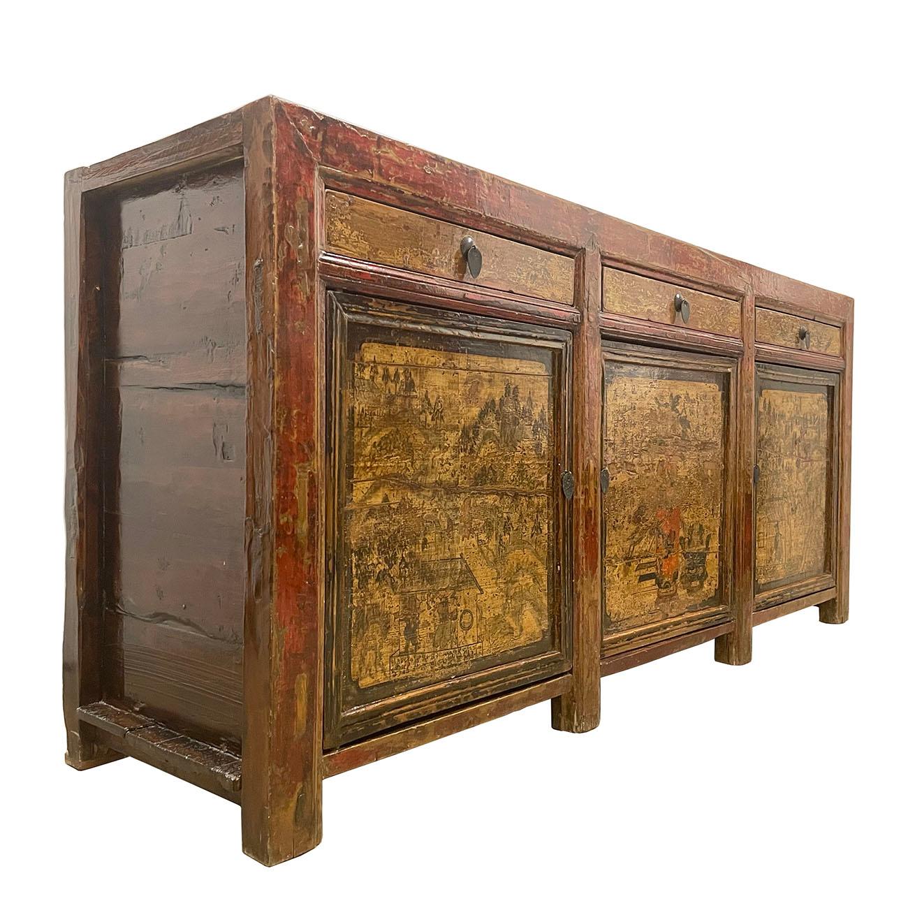 This Chinese antique hand painted Credenza has about 150 years history with lacquer painting on front. It is made of solid wood with beautiful hand painted Chinese forks arts on the front doors. It featured 3 single open door compartments on the