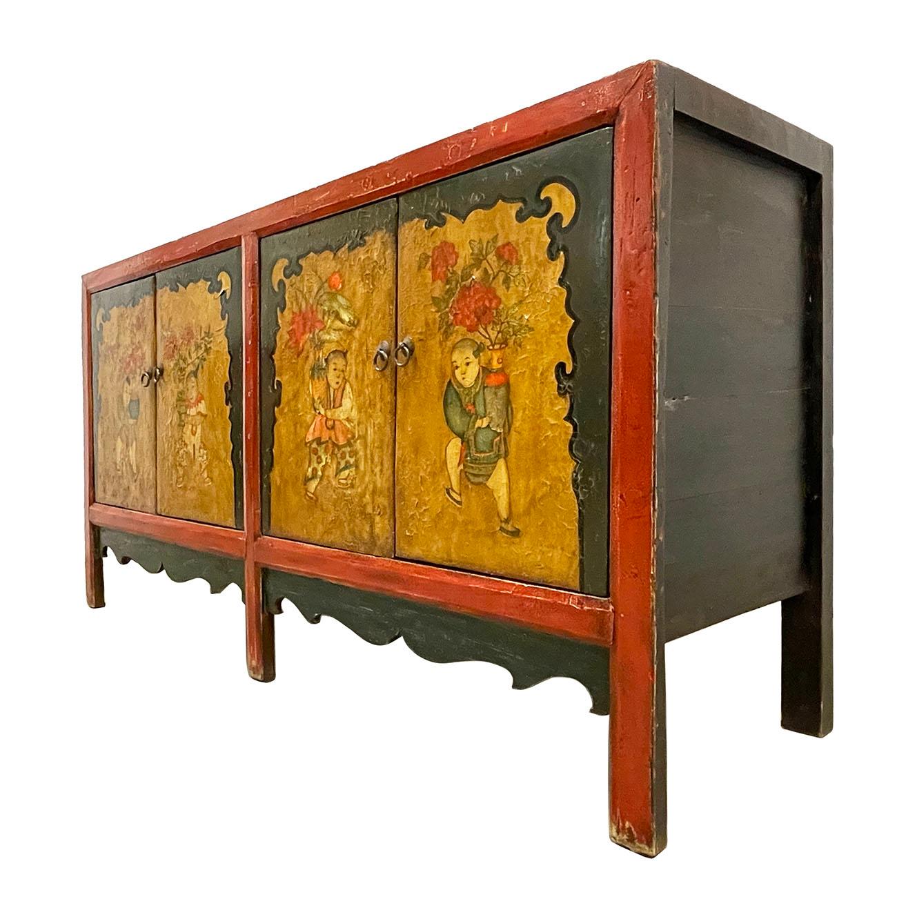 This Chinese Antique Hand Painted Credenza has about 150 years history with lacquer painting on front. It is made of solid wood with beautiful hand painted Chinese forks arts on the front doors. It featured 2 double open doors compartments on the
