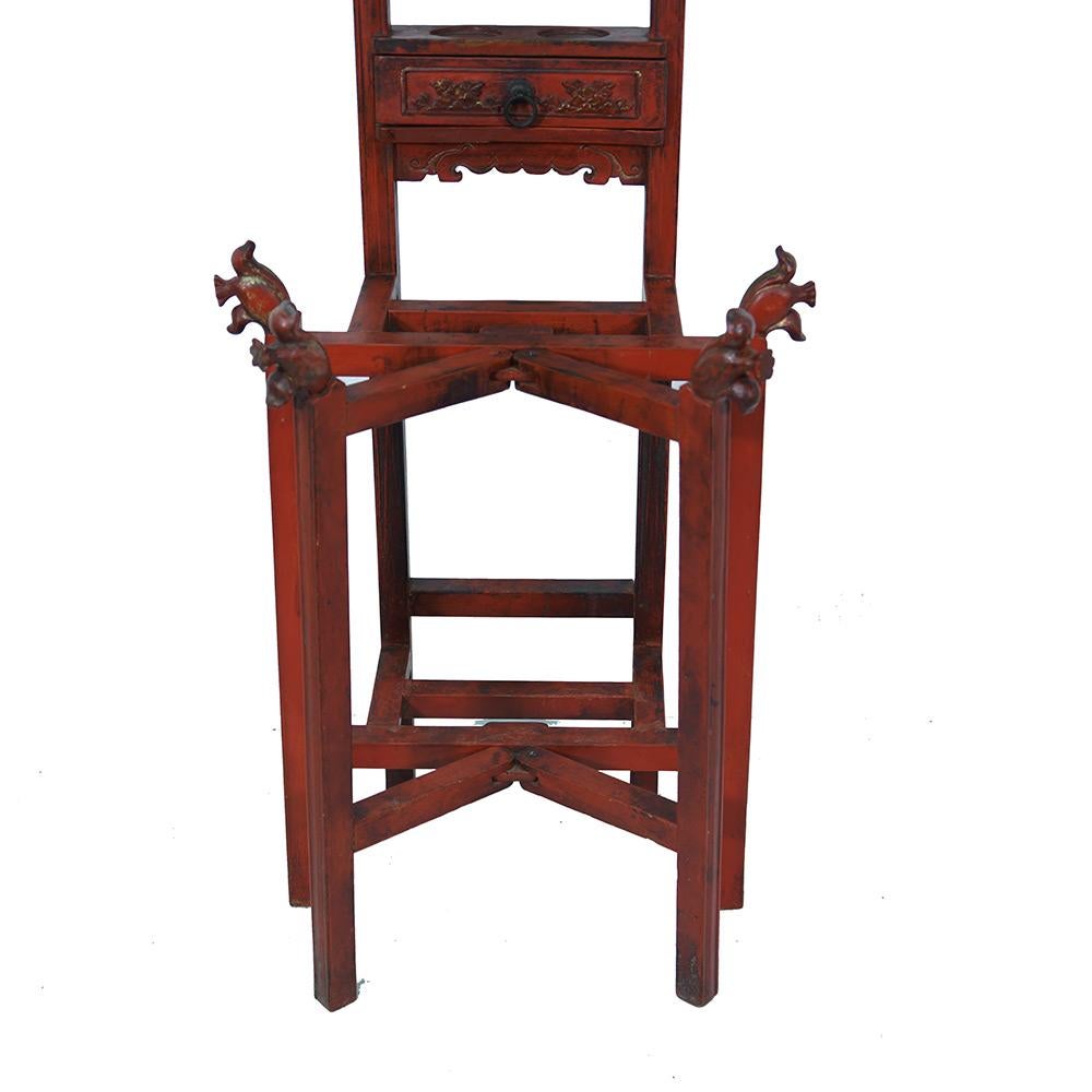 Late 19th Century Antique Chinese Open Carved Red Lacquered Wash Basin Stand For Sale 1