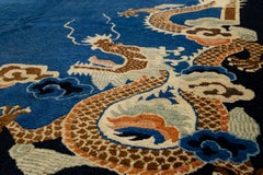Late 19th Century Antique Chinese Peking Blue Dragon Motif Wool Rug