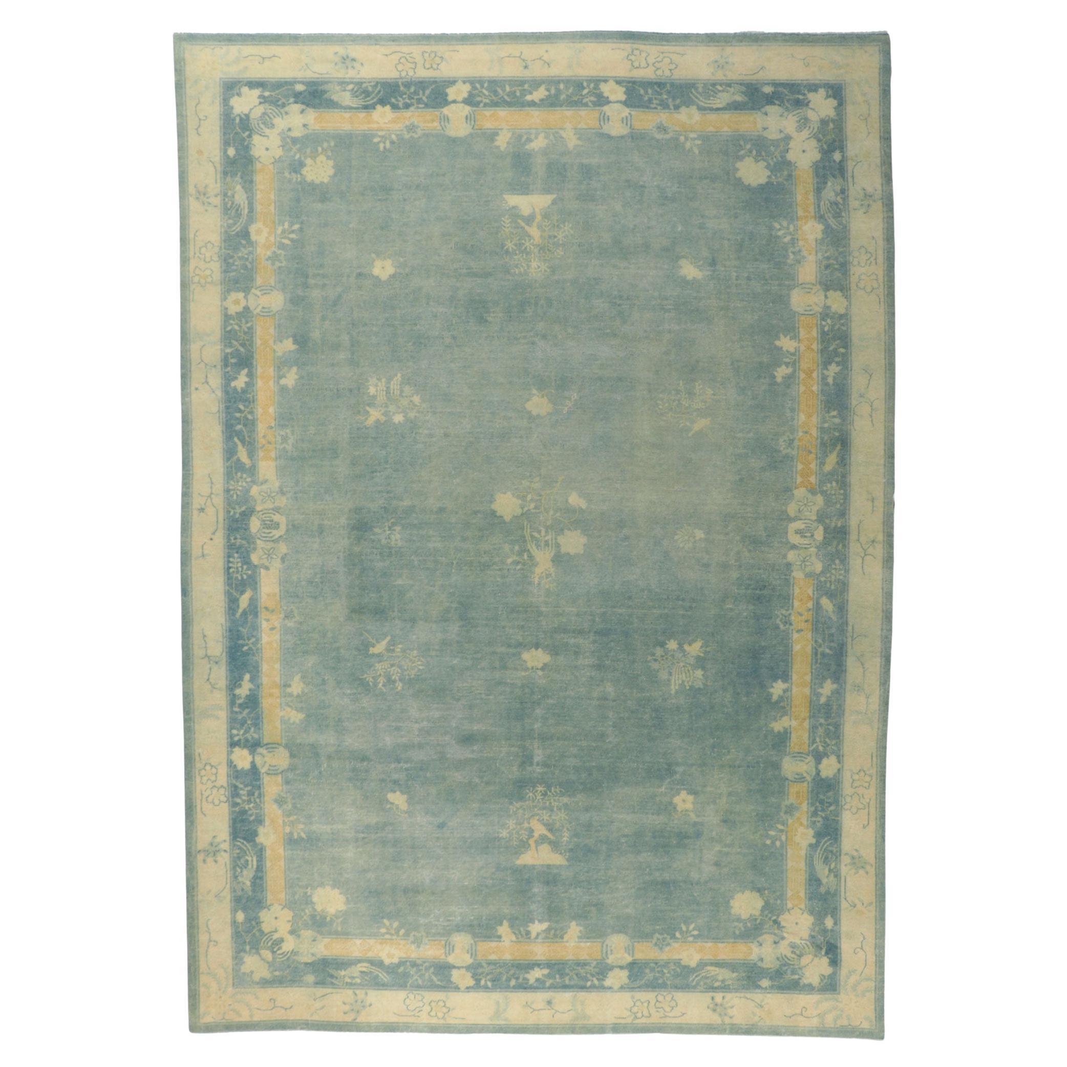 1880s Antique Chinese Peking Rug, Chinoiserie Chic Meets Quiet Sophistication For Sale