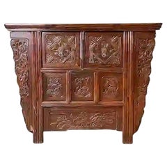 Late 19th Century Antique Chinese Qing-Style Elm Wood Carved Cabinet