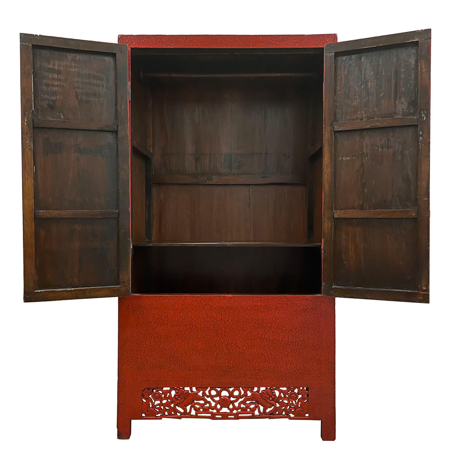 Chinese Export Late 19th Century Antique Chinese Red Lacquered Cabinet, Armoire, Wardrobe For Sale