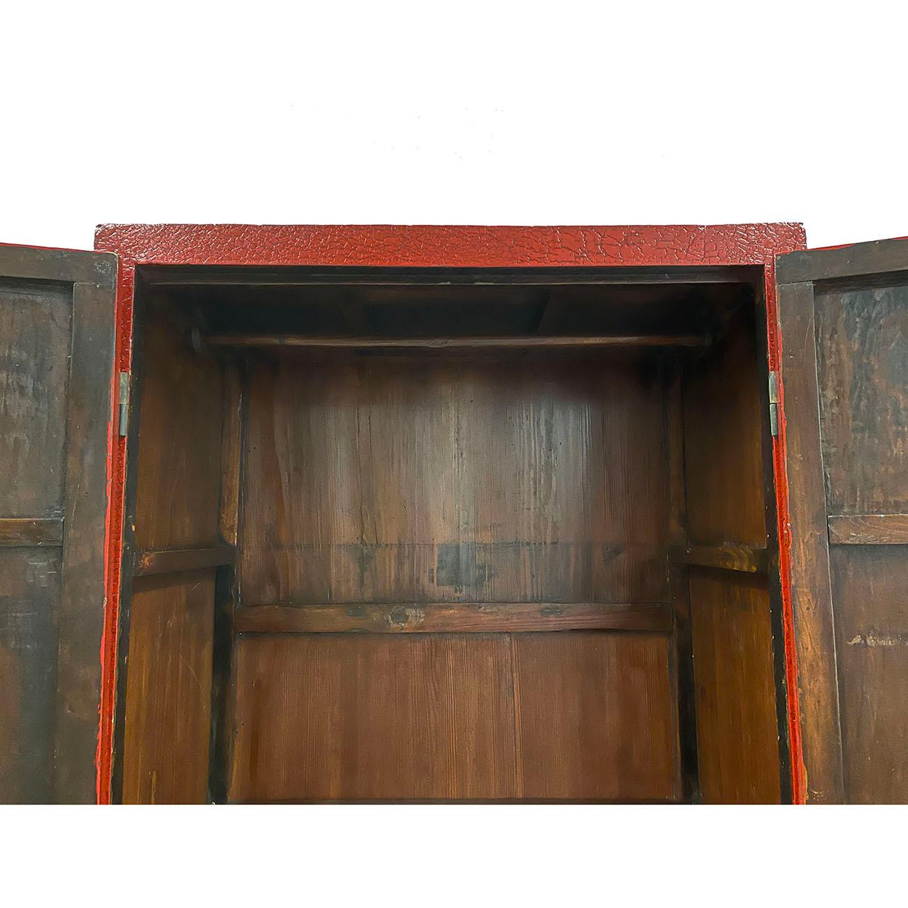 Carved Late 19th Century Antique Chinese Red Lacquered Cabinet, Armoire, Wardrobe For Sale