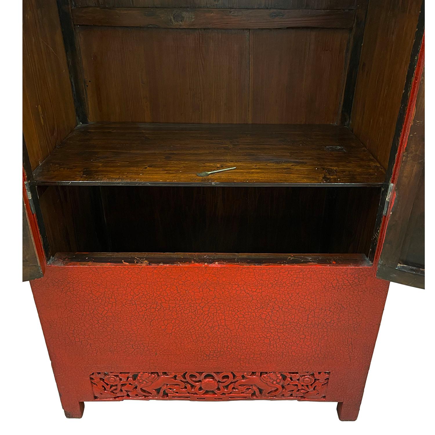 Late 19th Century Antique Chinese Red Lacquered Cabinet, Armoire, Wardrobe In Good Condition For Sale In Pomona, CA