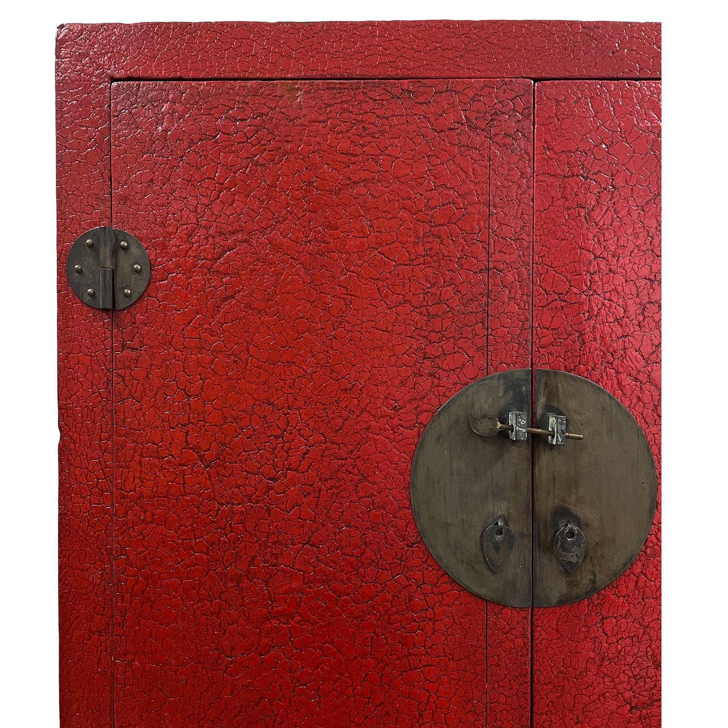Wood Late 19th Century Antique Chinese Red Lacquered Cabinet, Armoire, Wardrobe For Sale