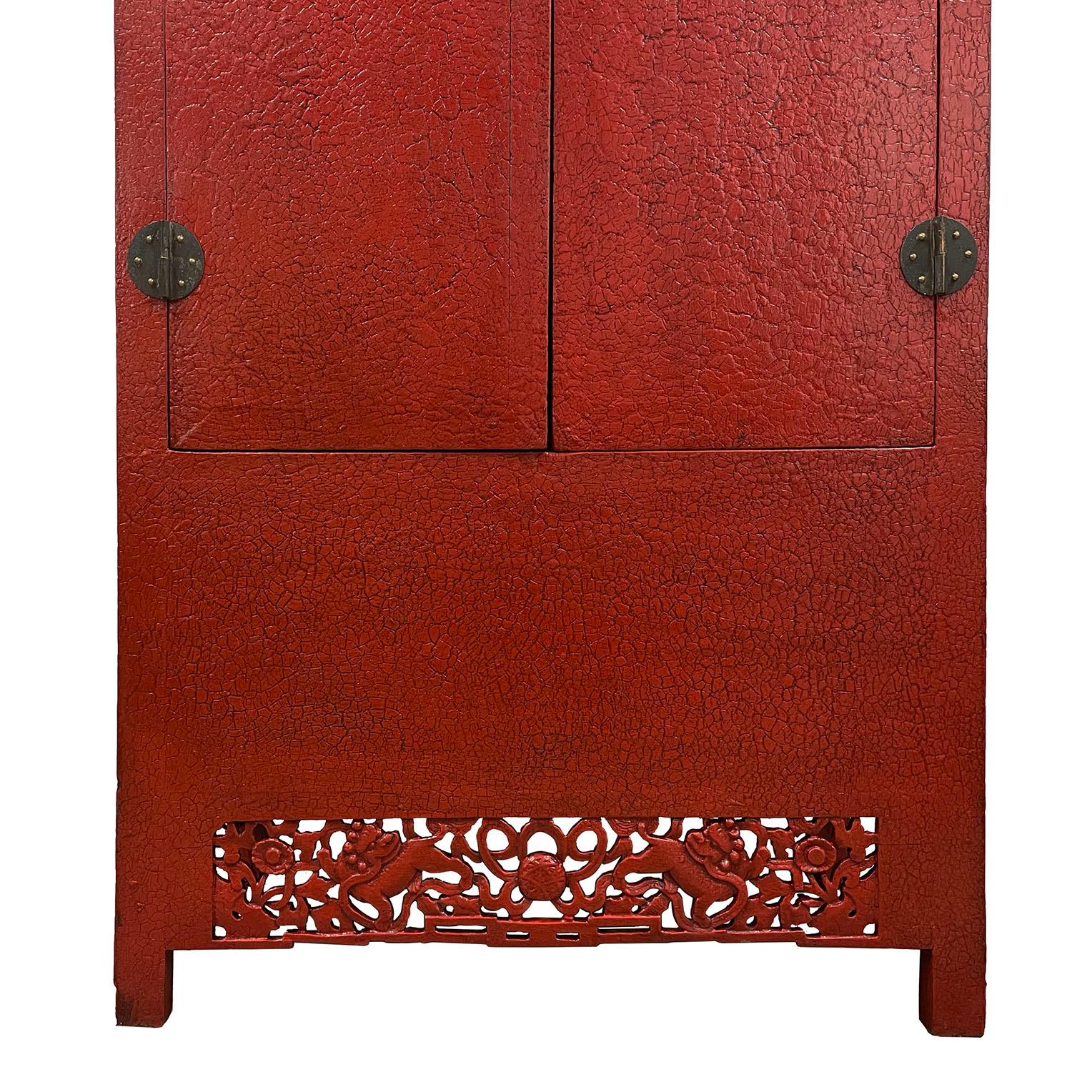 Late 19th Century Antique Chinese Red Lacquered Cabinet, Armoire, Wardrobe For Sale 2