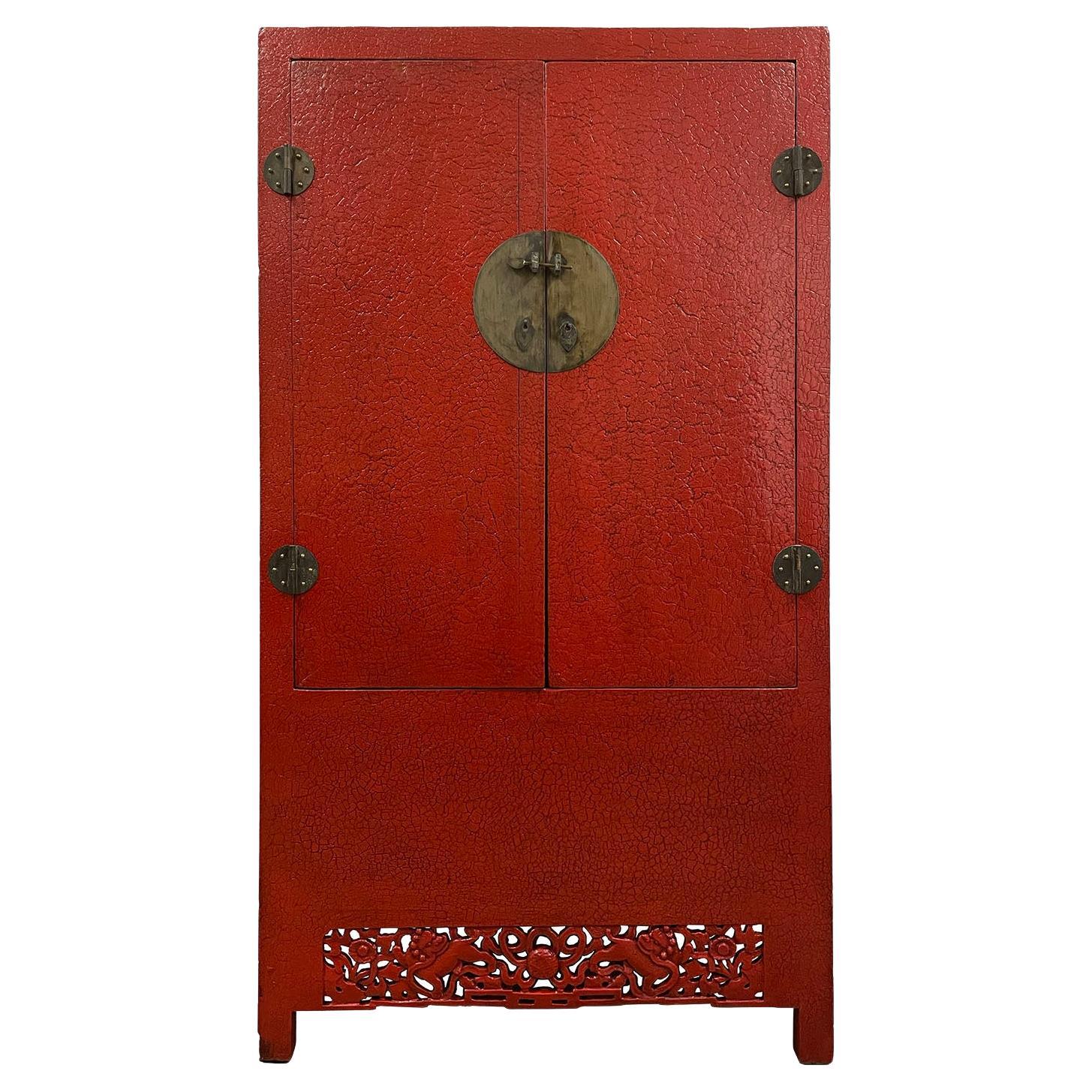 Late 19th Century Antique Chinese Red Lacquered Cabinet, Armoire, Wardrobe For Sale
