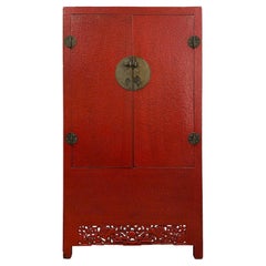 Late 19th Century Antique Chinese Red Lacquered Cabinet, Armoire, Wardrobe