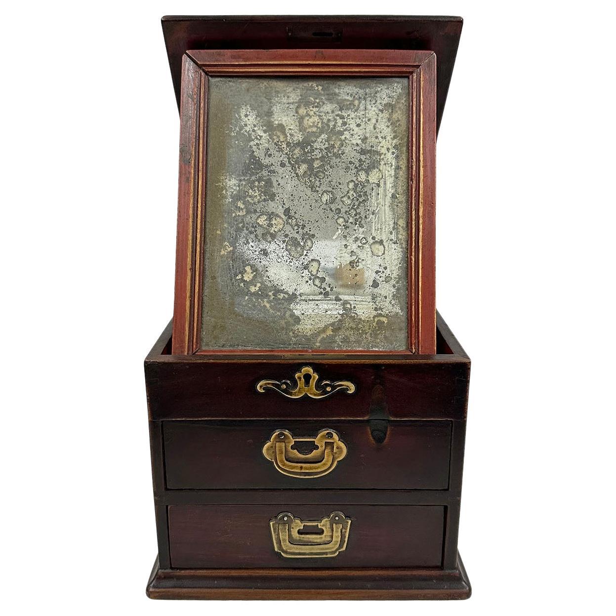 Fin du 19e siècle Boîte à bijoux chinoise ancienne en bois, boîte à cosmétiques