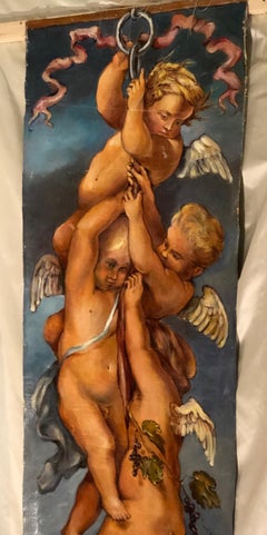 Late 19th Century Antique Oil Painting of  Cupids , Winged Angels 10 Feet Tall