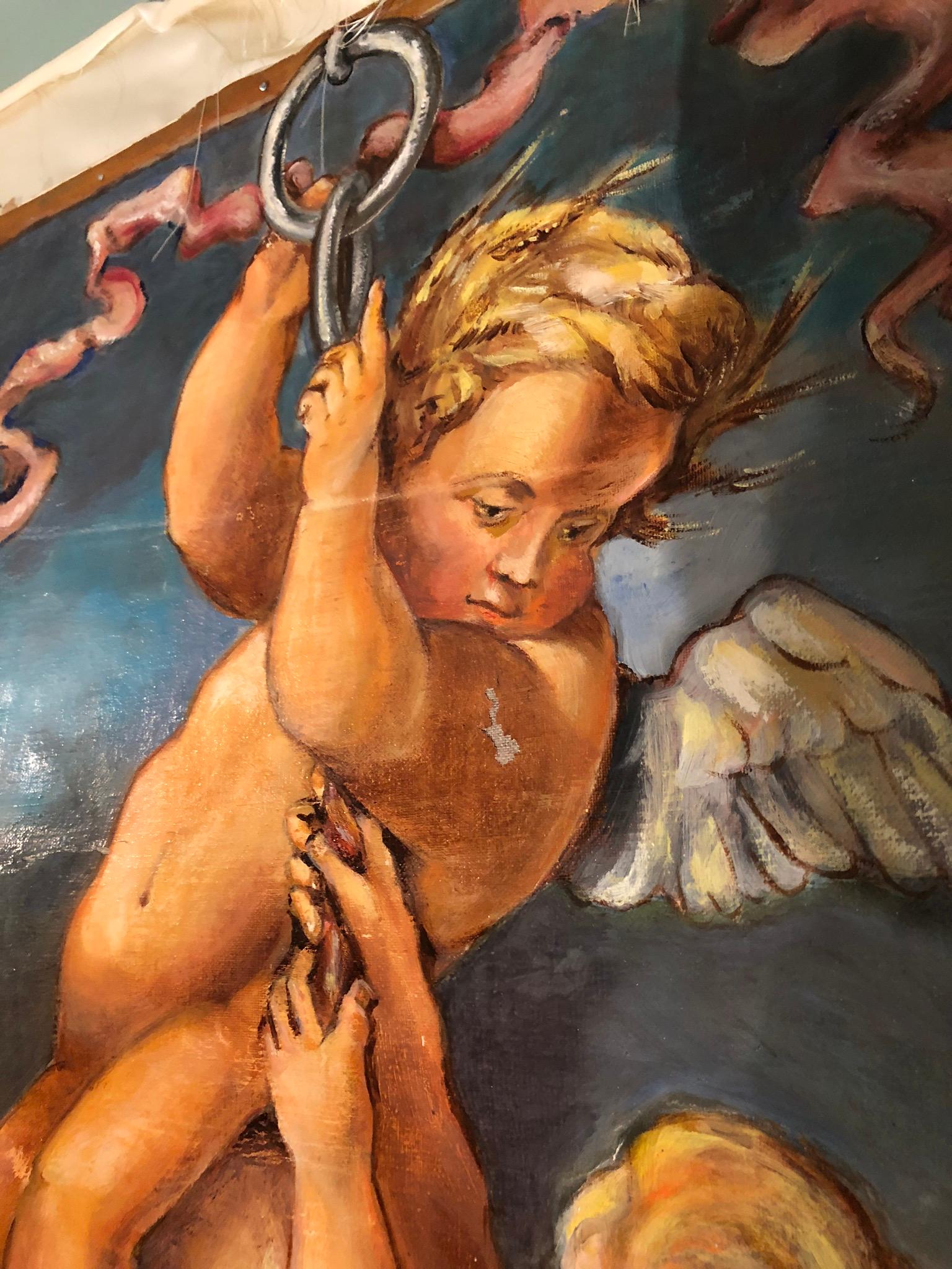 Louis XV Late 19th Century Antique Oil Painting of  Cupids , Winged Angels 10 Feet Tall For Sale