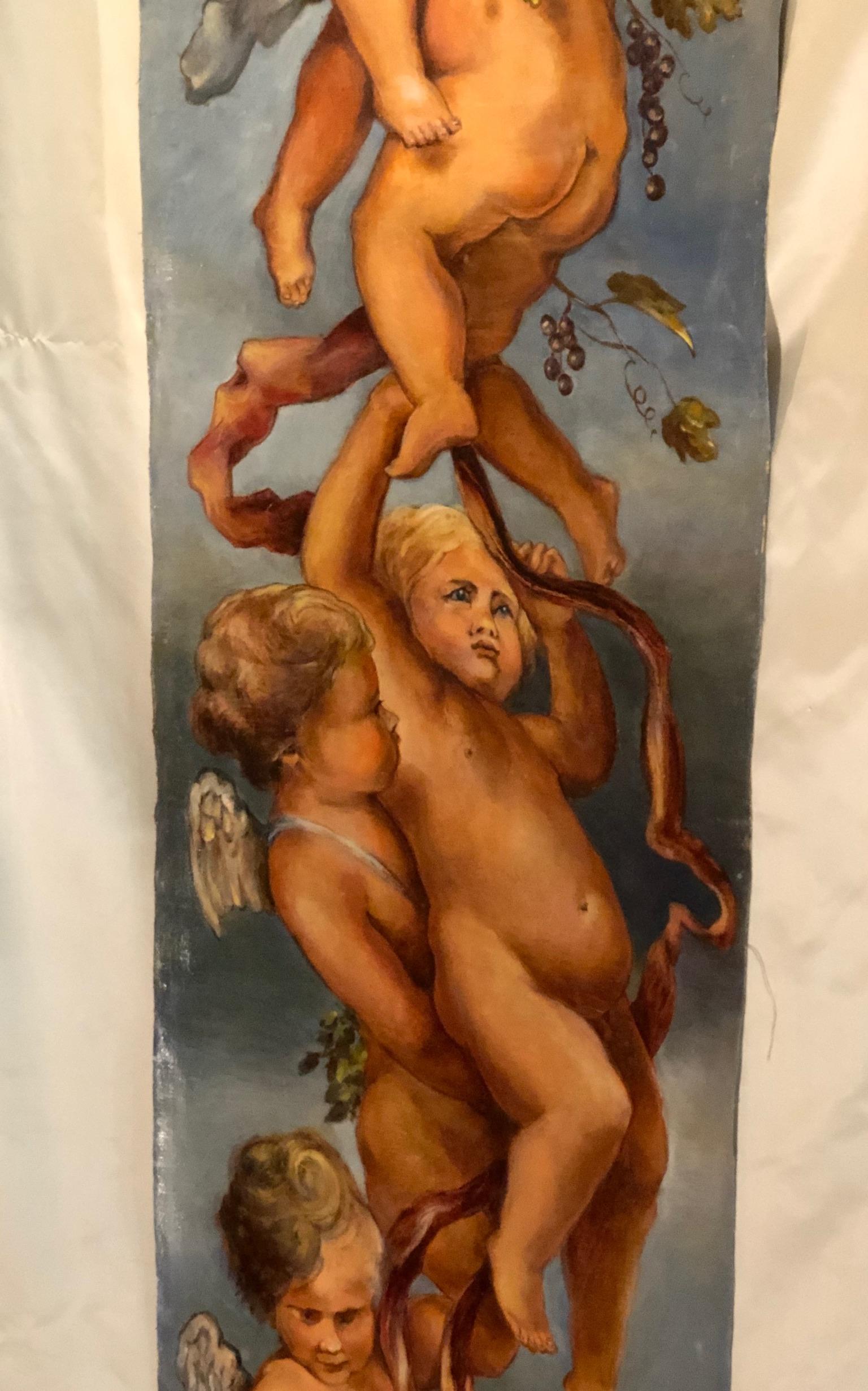 Painted Late 19th Century Antique Oil Painting of  Cupids , Winged Angels 10 Feet Tall For Sale