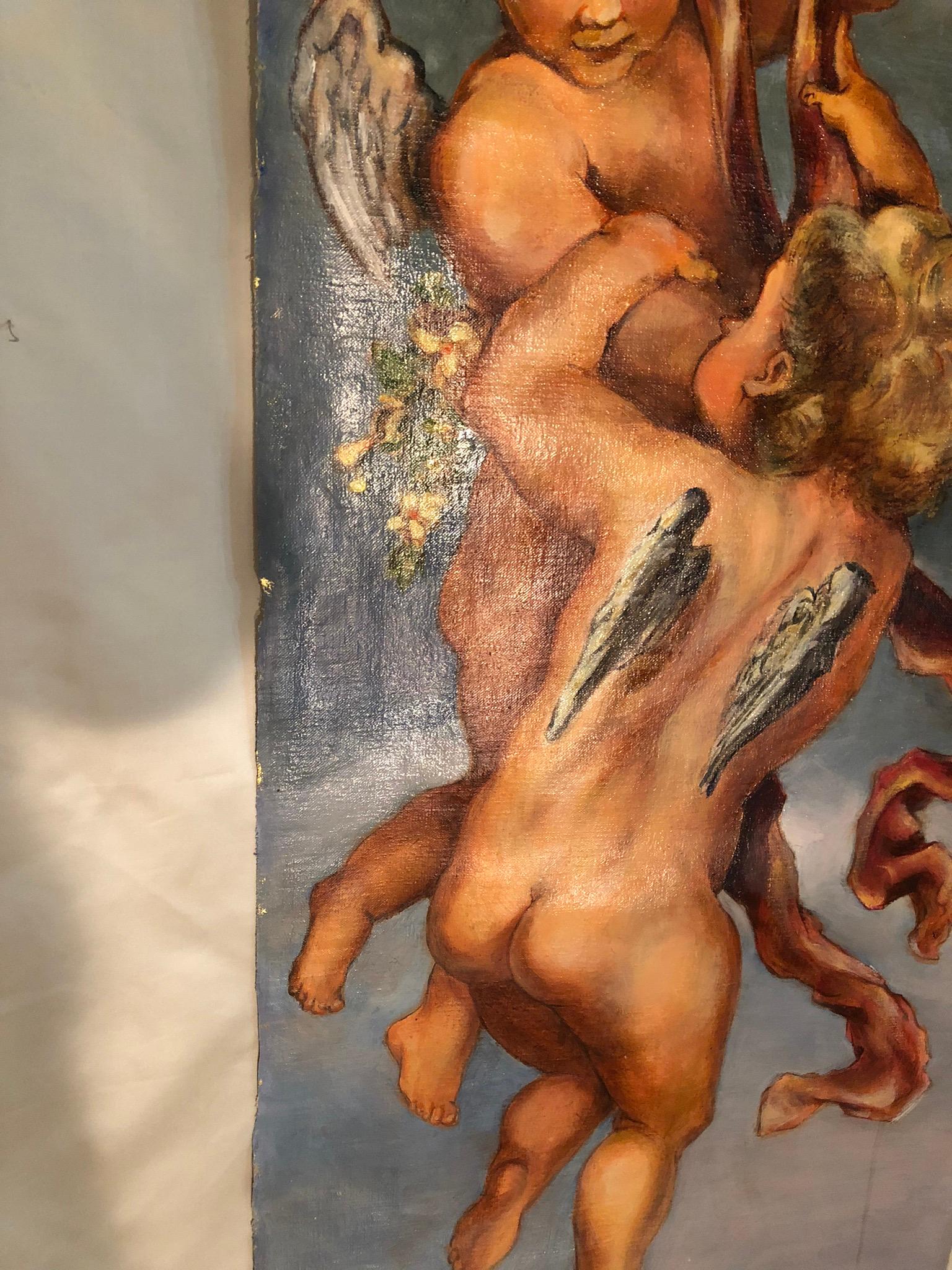 Late 19th Century Antique Oil Painting of  Cupids , Winged Angels 10 Feet Tall In Good Condition For Sale In Fort Lauderdale, FL