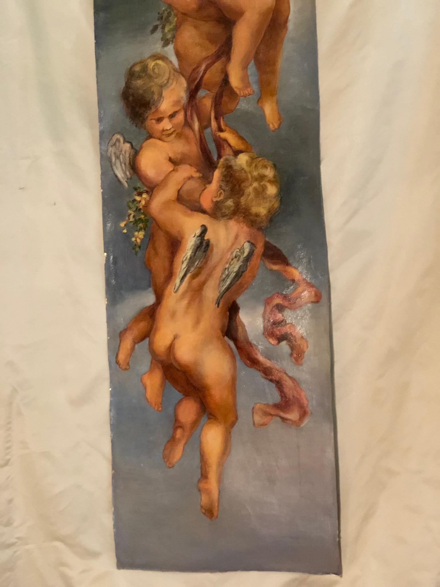 Late 19th Century Antique Oil Painting of  Cupids , Winged Angels 10 Feet Tall For Sale 1