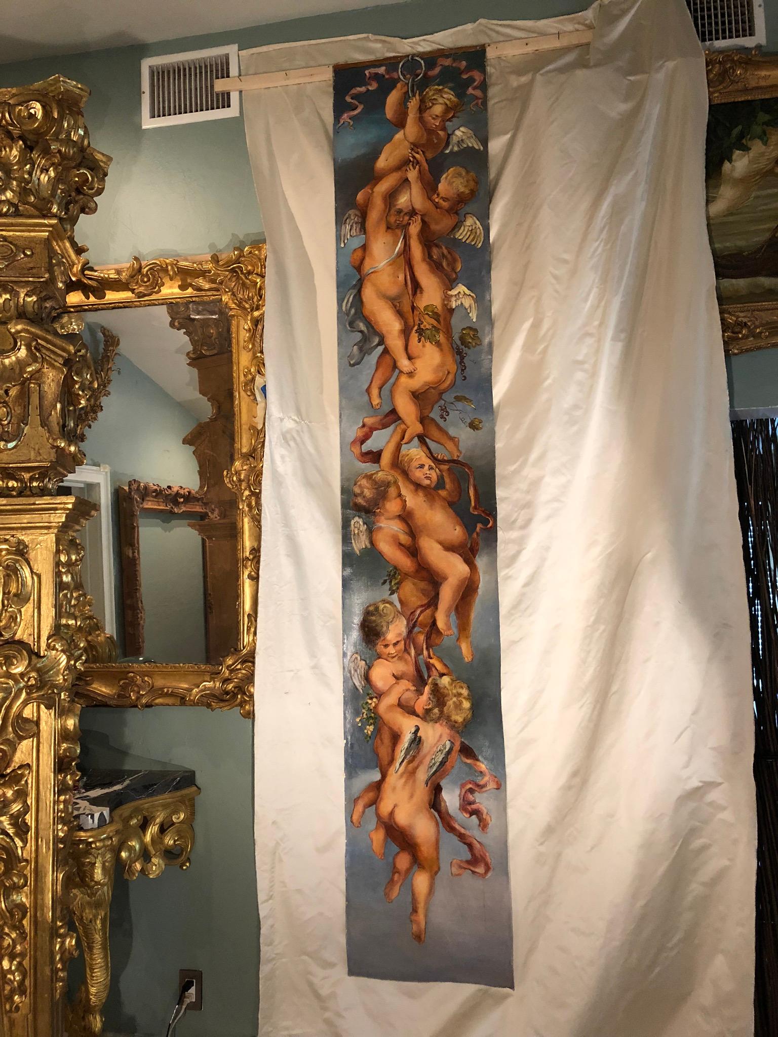 Late 19th Century Antique Oil Painting of  Cupids , Winged Angels 10 Feet Tall For Sale 3