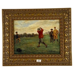 Óleo inglés antiguo de finales del siglo XIX de un golfista