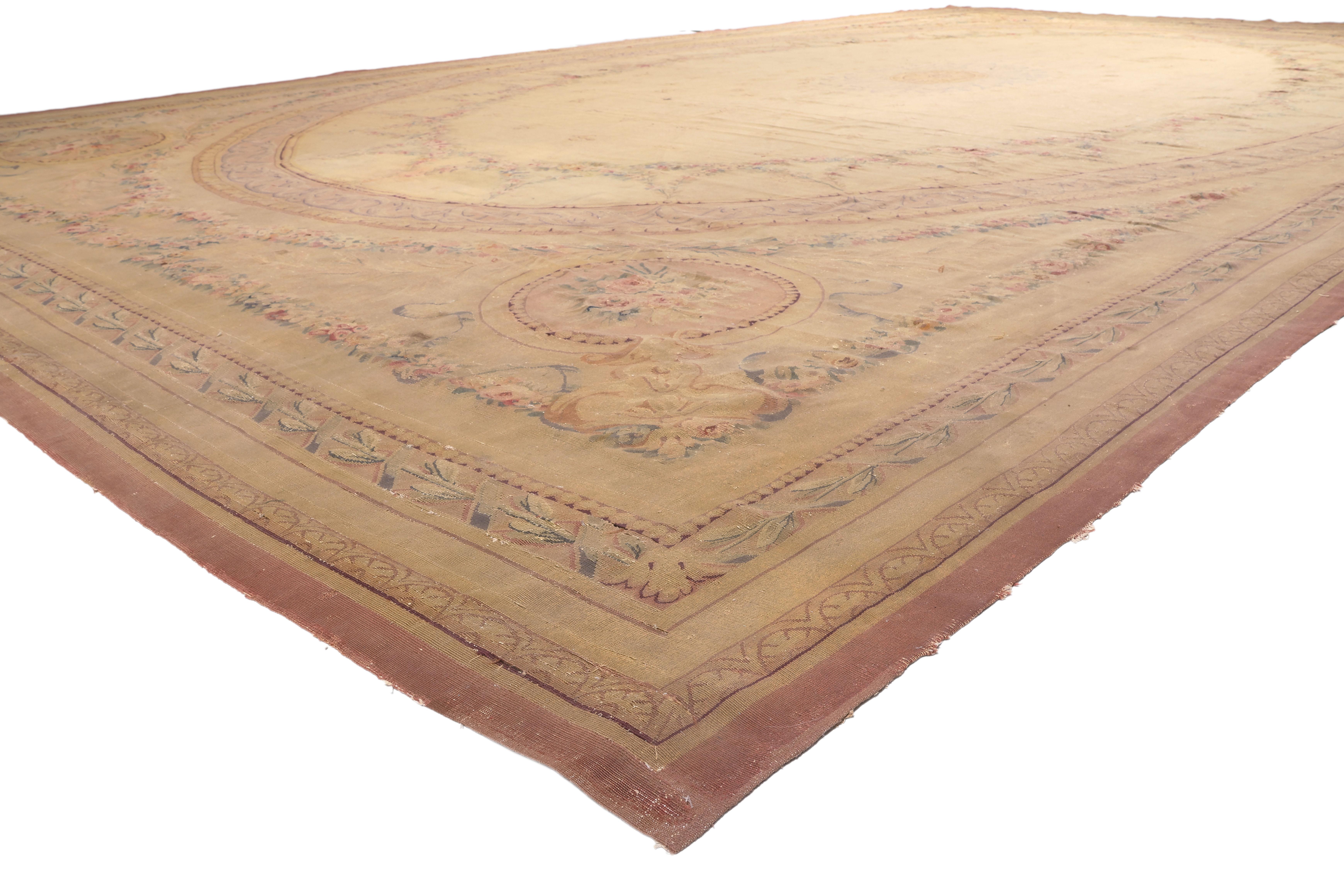 74394 Late 19th Century Antique Aubusson Rug, 14'06 x 25'03. A French Aubusson rug refers to a type of flat-weave rug that originated in the town of Aubusson, located in the Creuse region of central France. These rugs have a long history dating back