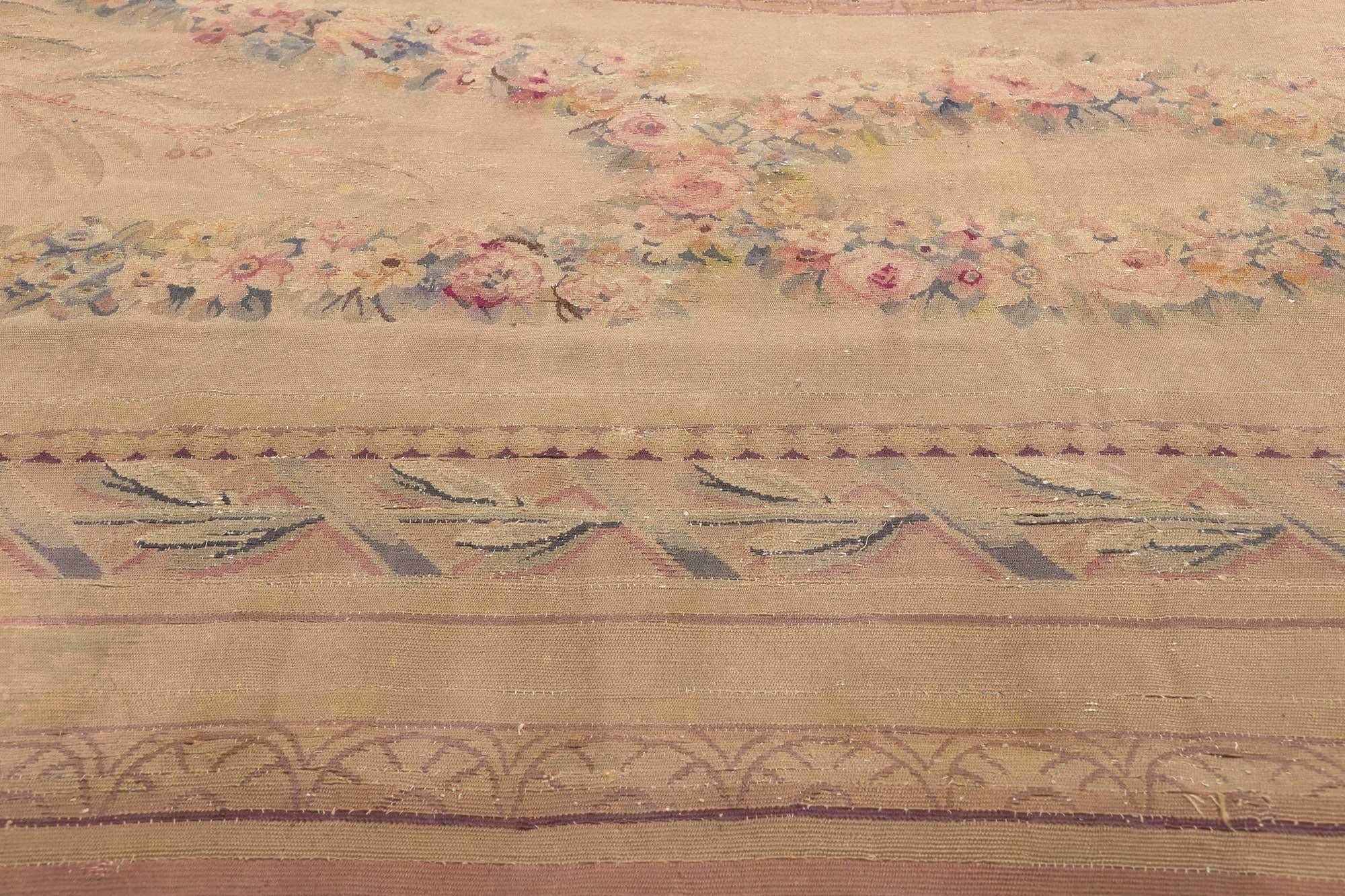Late 19th Century Antique French Aubusson Rug, Hotel Lobby Size Carpet In Distressed Condition For Sale In Dallas, TX