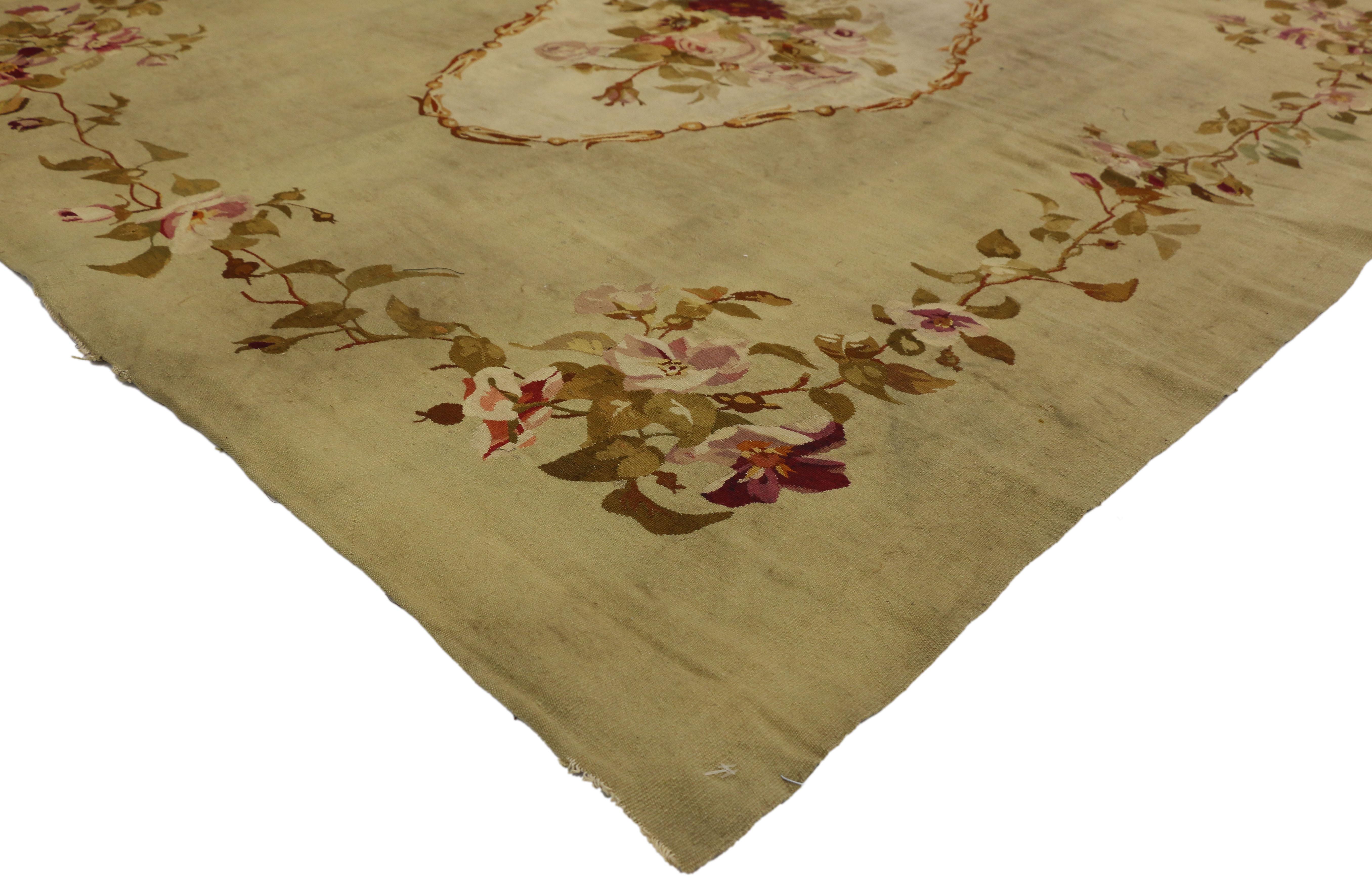 72862 Late 19th Century Antique French Aubusson Rug with Chintz Renaissance Style 05'06 x 06'03. Drawing inspiration from Mario Buatta and Chintz style, this handwoven wool mid-19th century antique French Aubusson rug beautifully embodies French