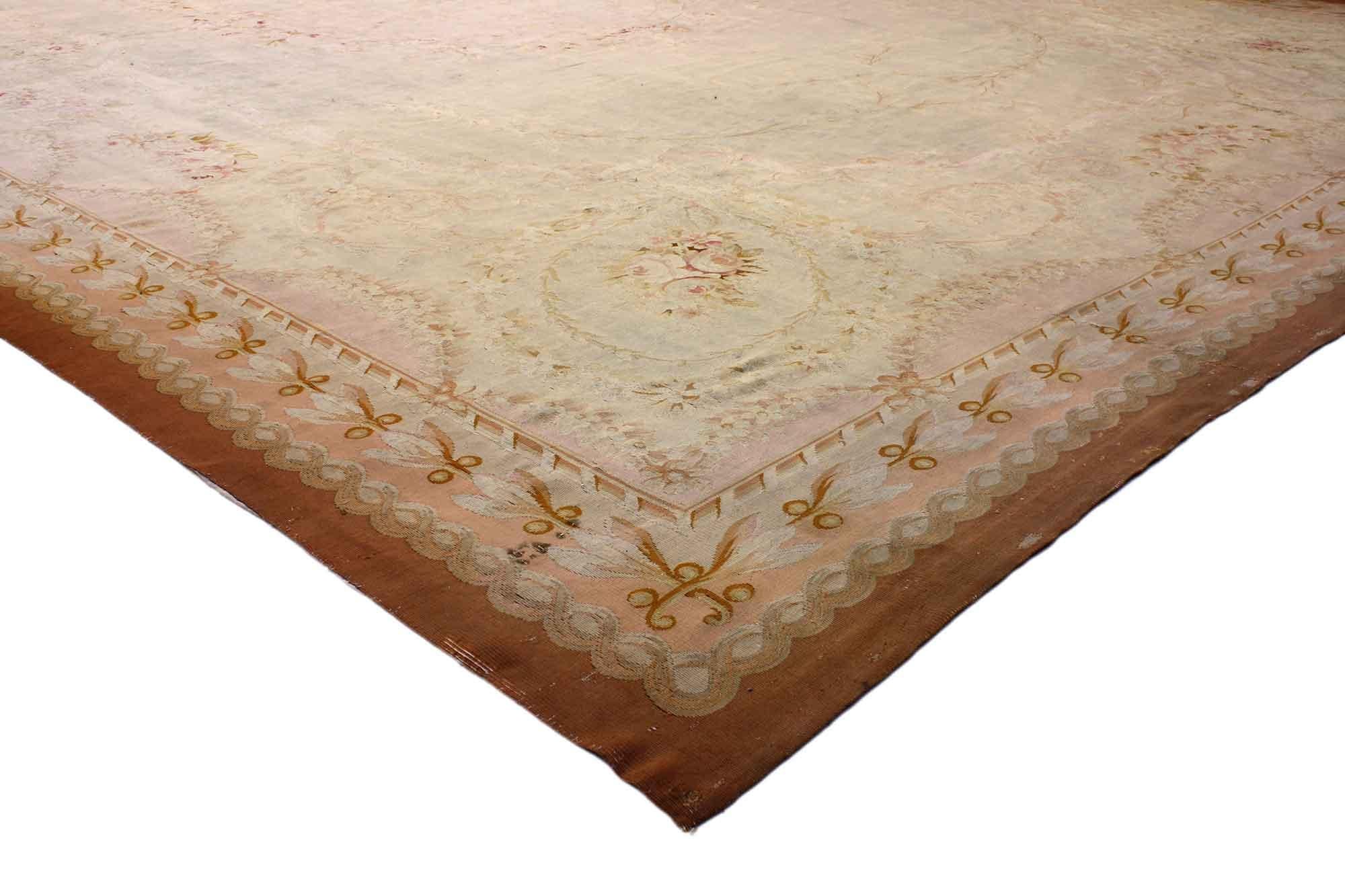 Late 19th Century Antique French Aubusson Rug with Romantic Rococo Style In Distressed Condition For Sale In Dallas, TX