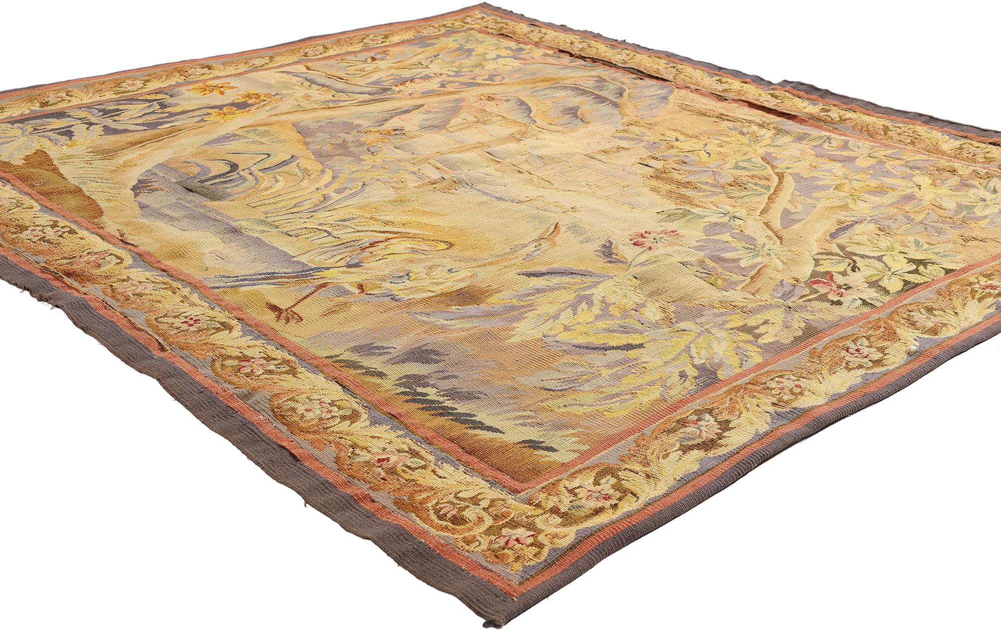 79234 Late 19th Century Antique French Aubusson Tapestry, 05'07 x 06'03. Bathed in the golden hush of a vanished aristocratic world, this one-of-a-kind handwoven wool and silk antique French Aubusson tapestry from the late 19th century is a