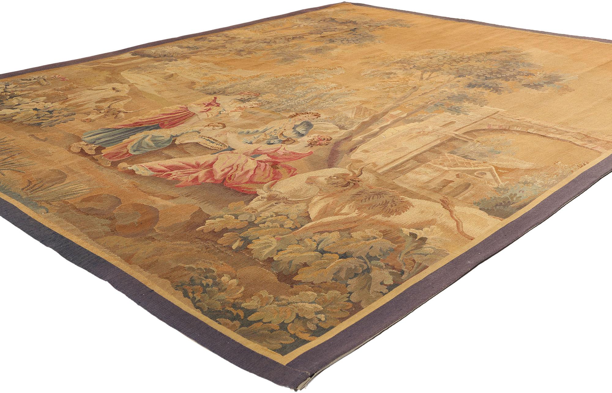 73625 Antiker französischer Aubusson-Wandteppich aus dem späten 19. Jahrhundert, 07'06 x 09'00. Französische Aubusson-Wandteppiche, die aus Aubusson in Frankreich stammen, sind aufwendig gewebte Textilien, die seit dem 14. Jahrhundert für ihre