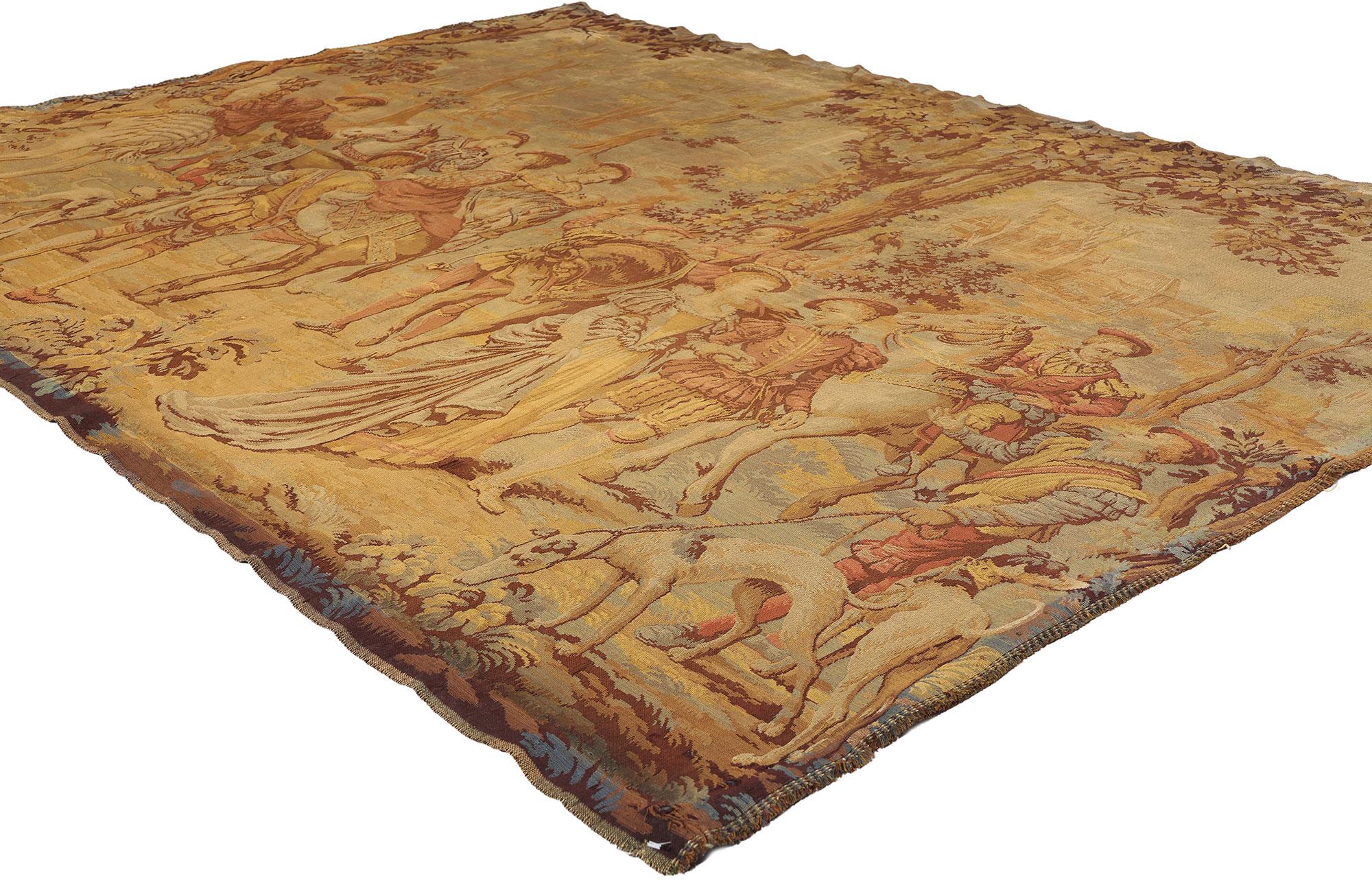 77443 Late 19th Century Antique French Aubusson Tapestry, 05'11 x 08'03. Nestled in the picturesque town of Aubusson, France, the exquisite artistry of French Aubusson tapestries has captivated aficionados since the 14th century, their enchanting