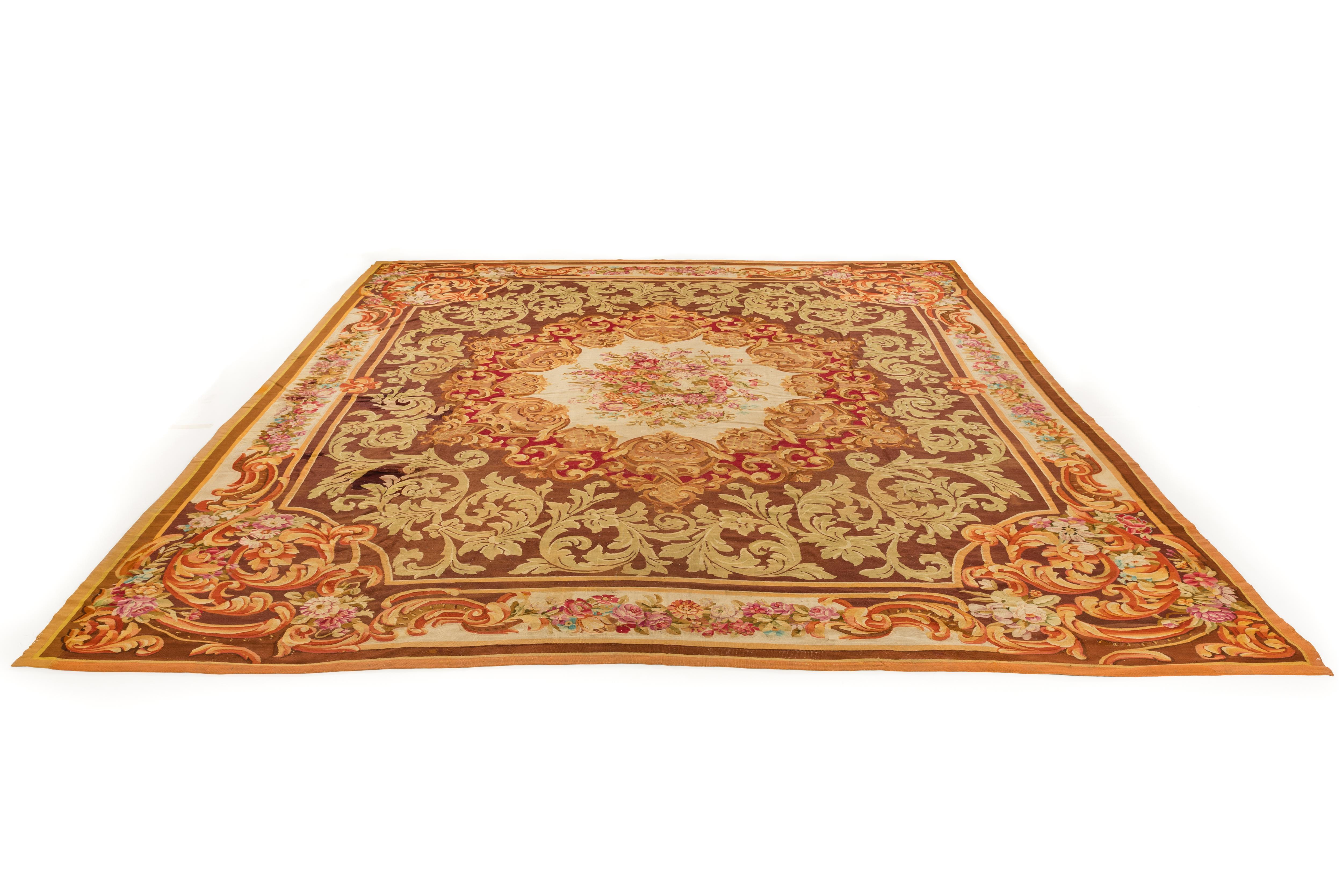Hand-Woven Late 19th Century Antique French Aubusson Rug with Brown, Gold, and Ivory For Sale