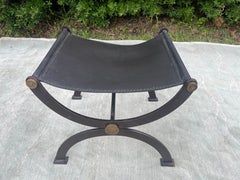 Late 19th Century Antique French Empire Wrought Iron, Brass and Leather Stool