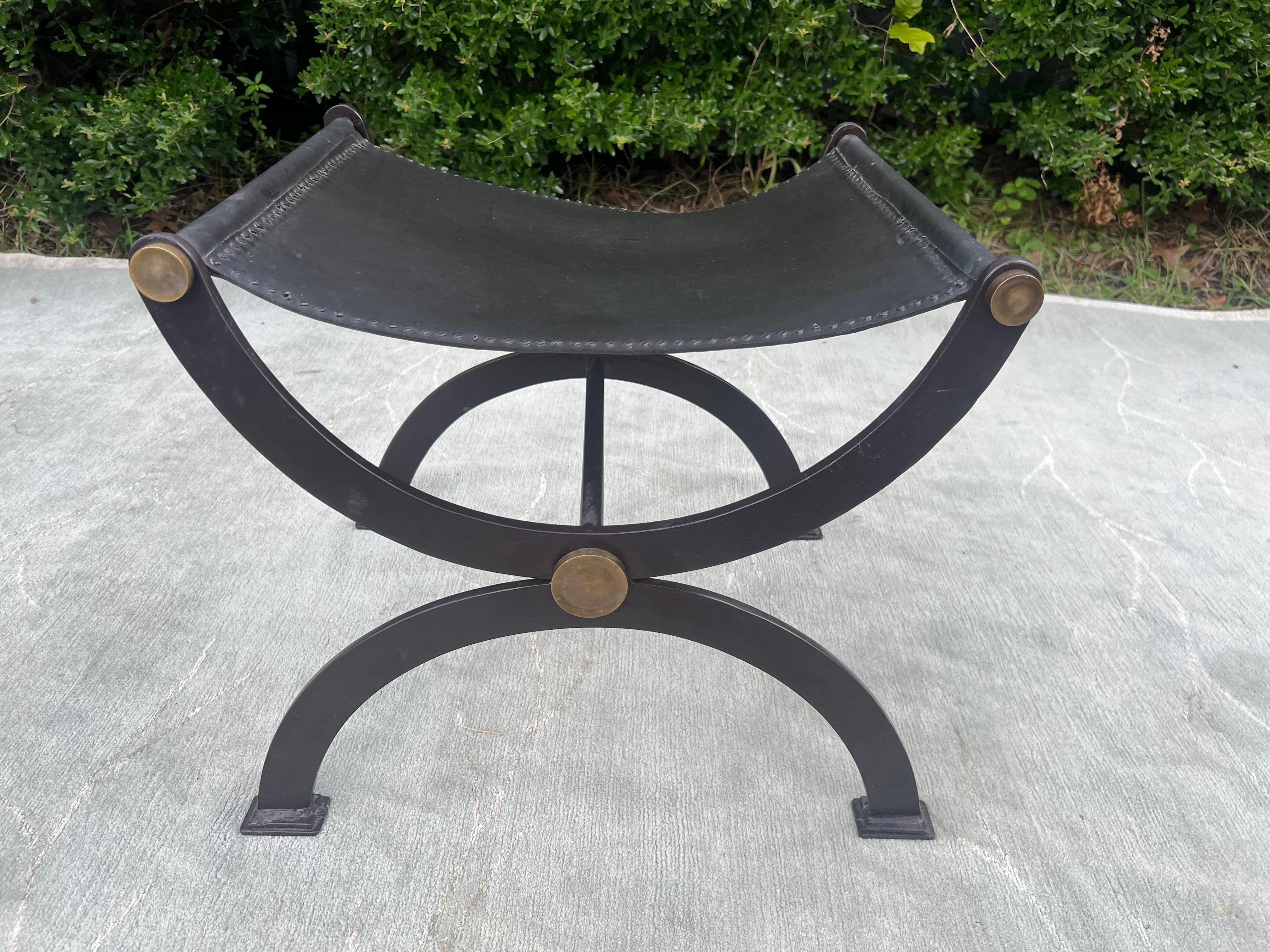 Neoclassical Late 19th Century Antique French Empire Wrought Iron, Brass and Leather Stool