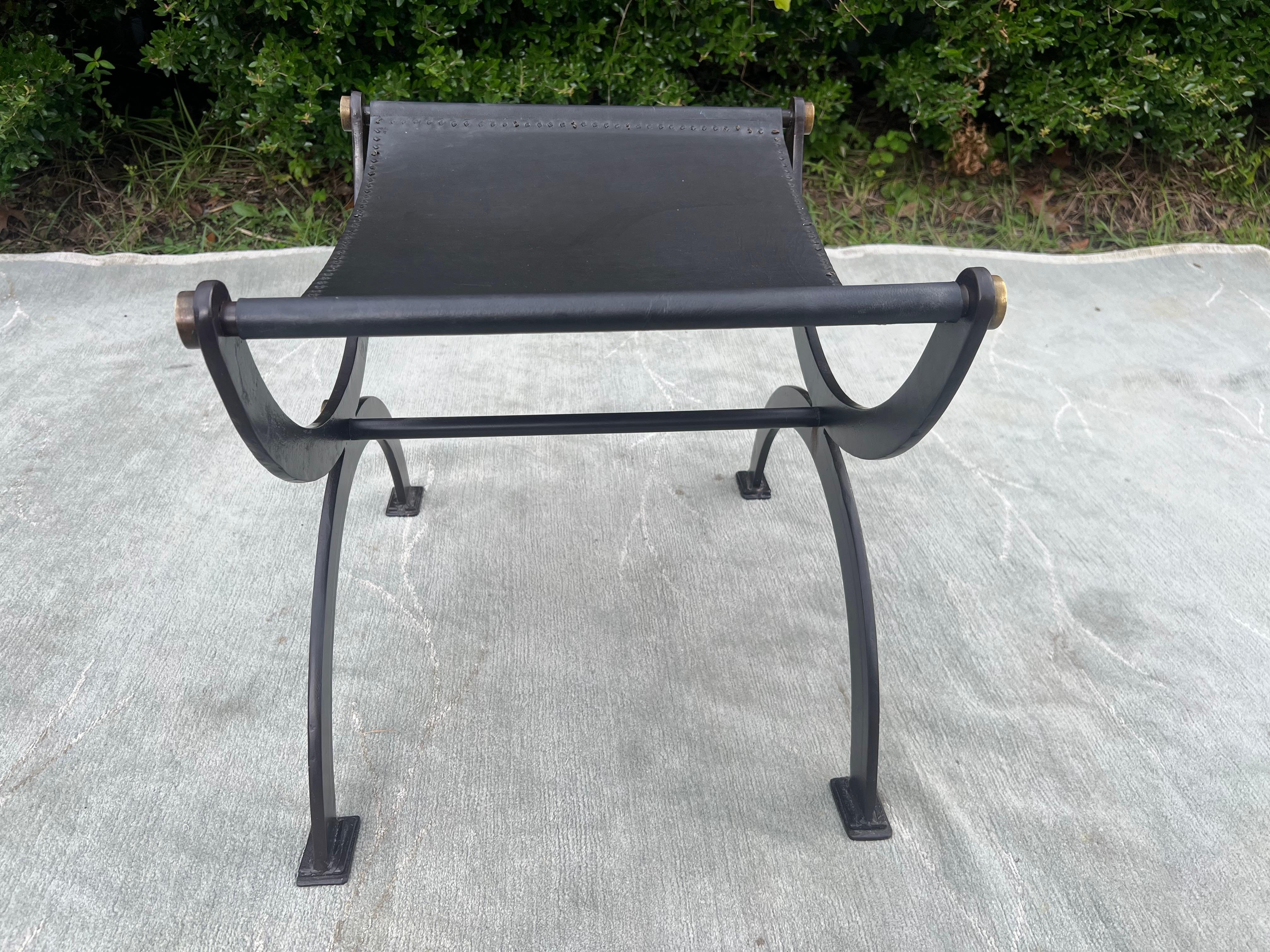 Late 19th Century Antique French Empire Wrought Iron, Brass and Leather Stool In Good Condition In Charleston, SC