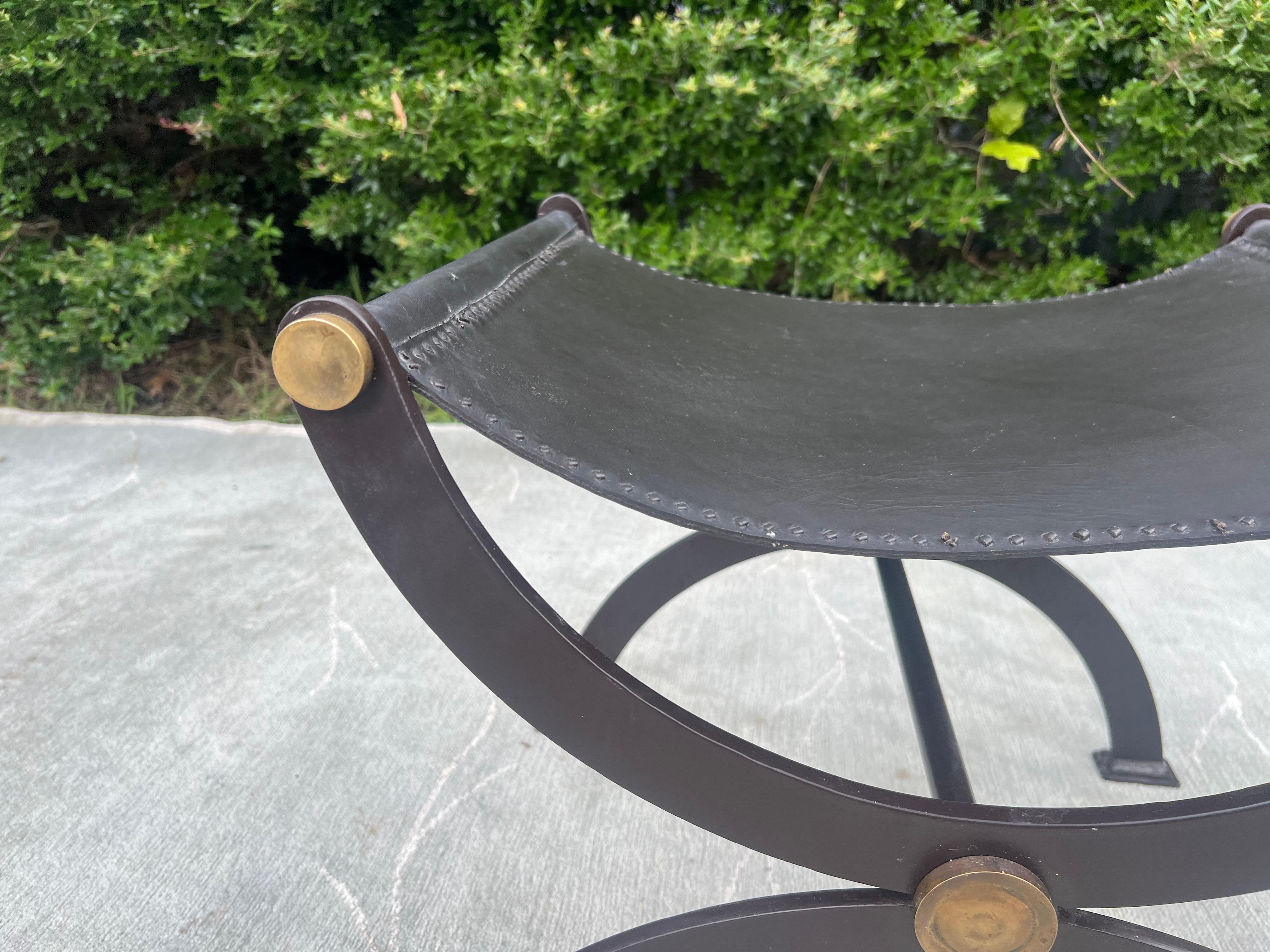 Late 19th Century Antique French Empire Wrought Iron, Brass and Leather Stool 1