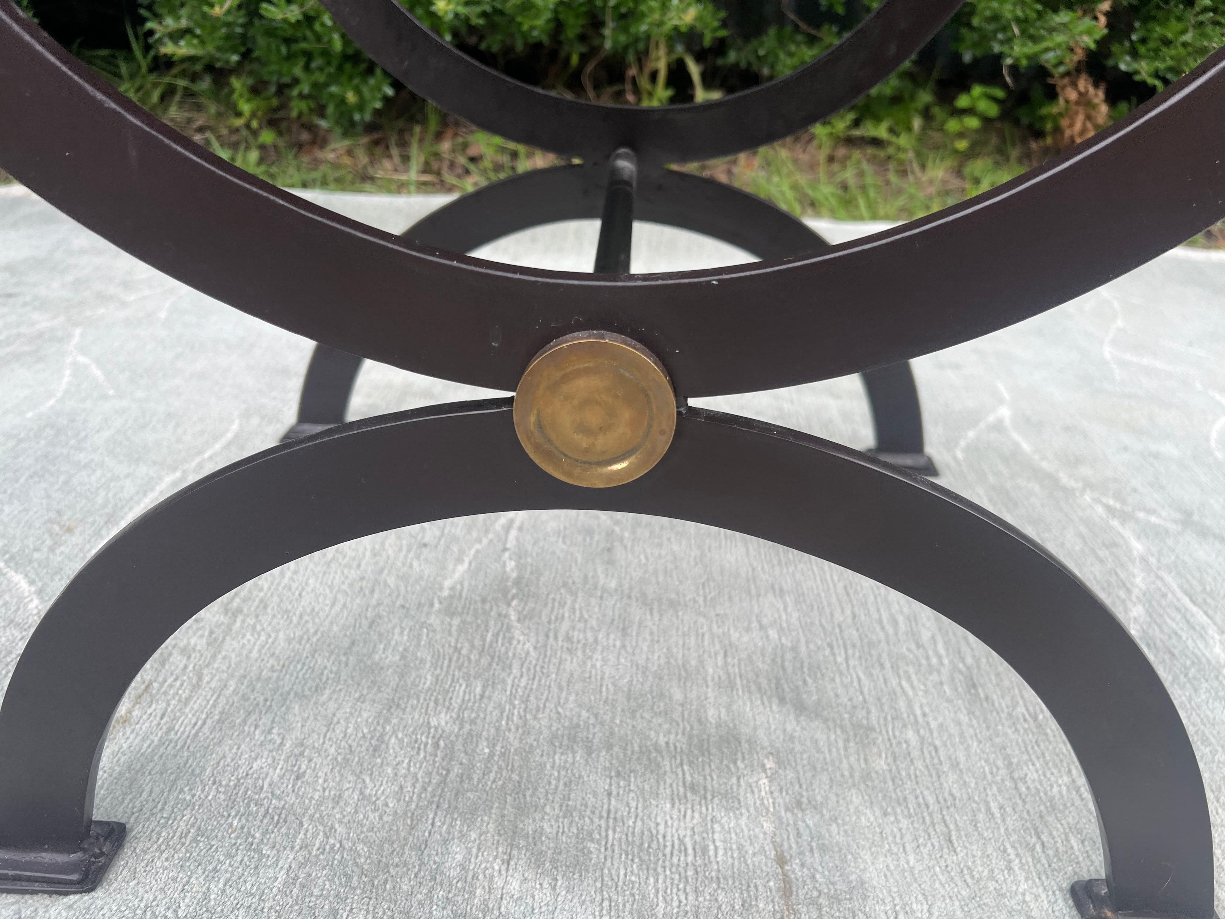 Late 19th Century Antique French Empire Wrought Iron, Brass and Leather Stool 2