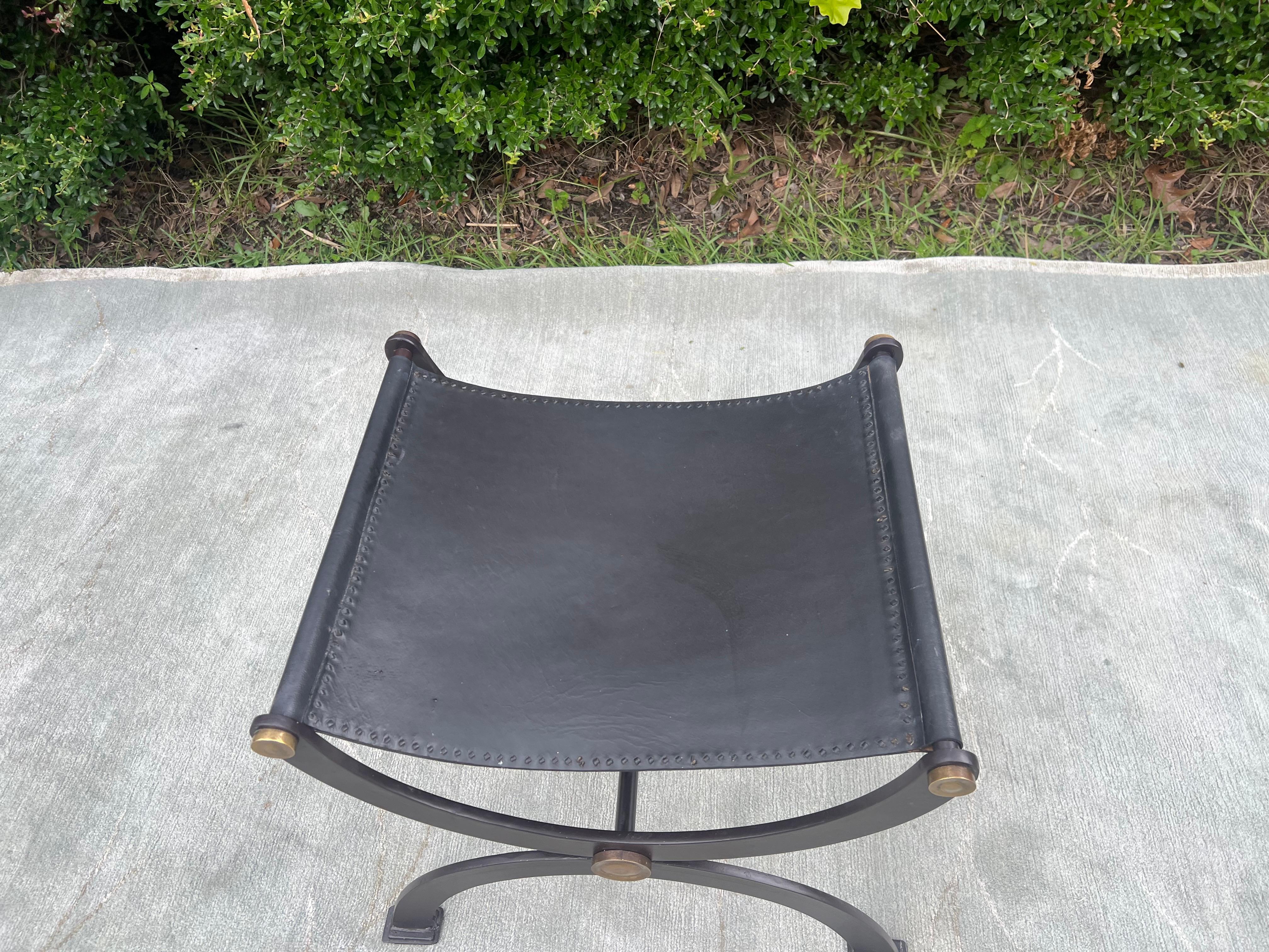 Late 19th Century Antique French Empire Wrought Iron, Brass and Leather Stool 3