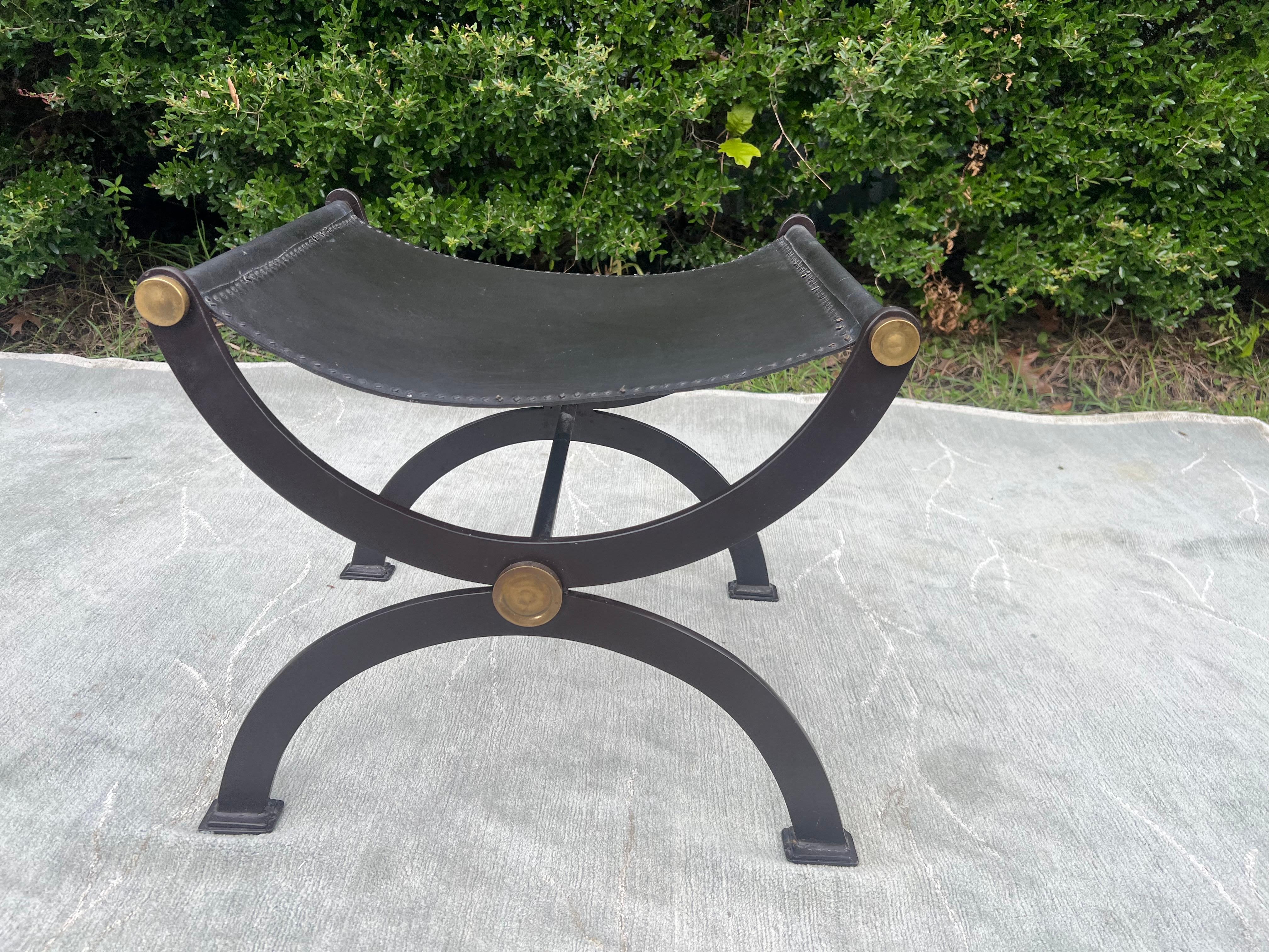 Late 19th Century Antique French Empire Wrought Iron, Brass and Leather Stool 4
