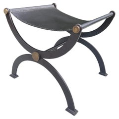 Late 19th Century Antique French Empire Wrought Iron, Brass and Leather Stool